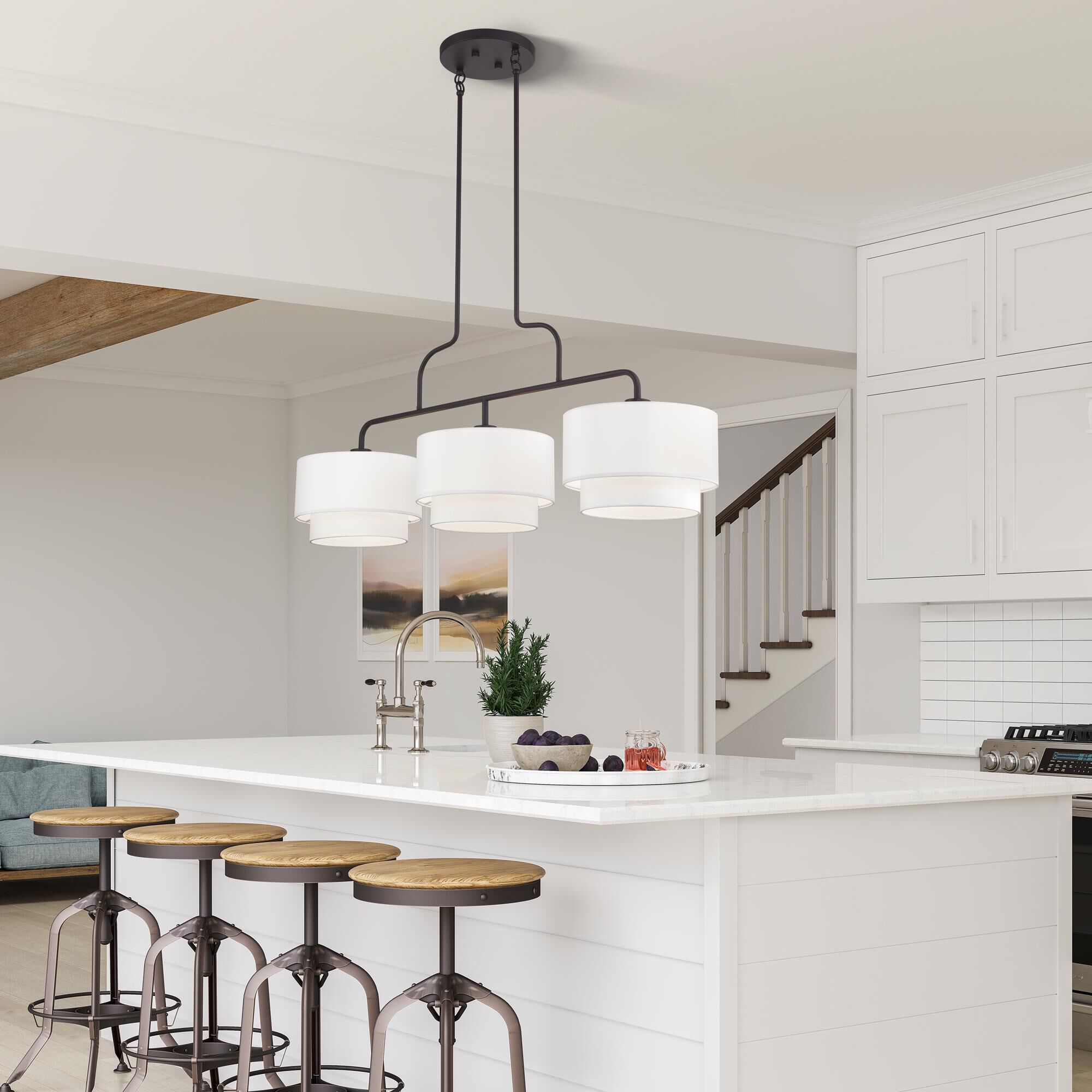 Shown in Bronze finish and Hand Crafted Off-White Fabric Hardbacks with White Fabric Inside shade