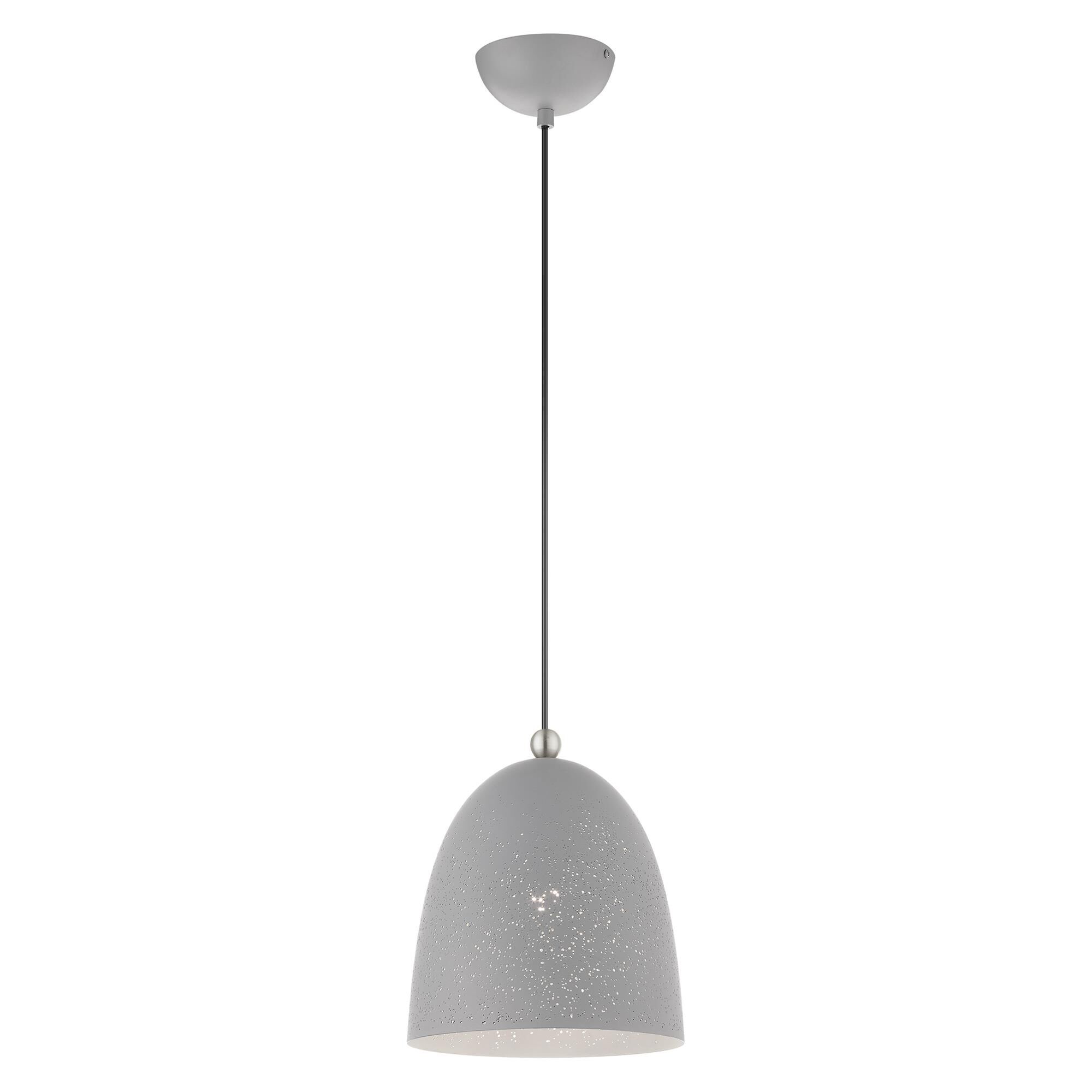 Shown in Nordic Gray With Brushed Nickel Accents finish and Nordic Gray Ornamental Metal Shade With White Finish Inside glass and Nordic Gray Ornamental Metal  With White Finish Inside shade