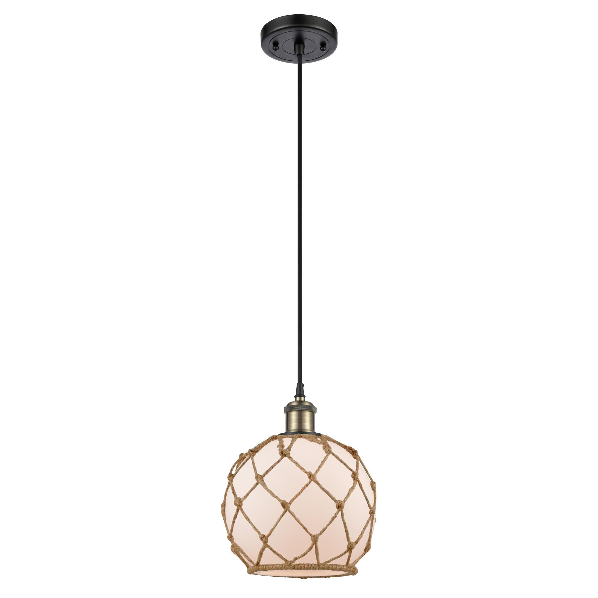 Shown in Black Antique Brass finish and White Farmhousewith Brown Rope glass