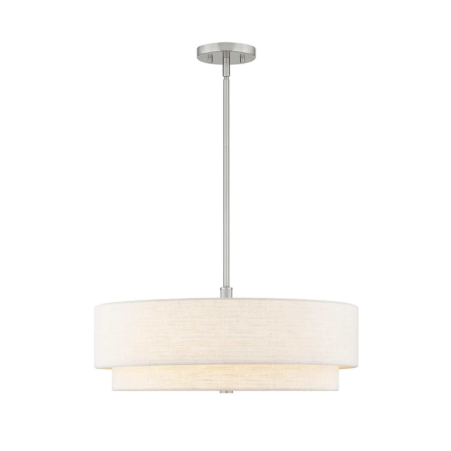 Shown in Brushed Nickel finish and Cream Woven Fabric shade