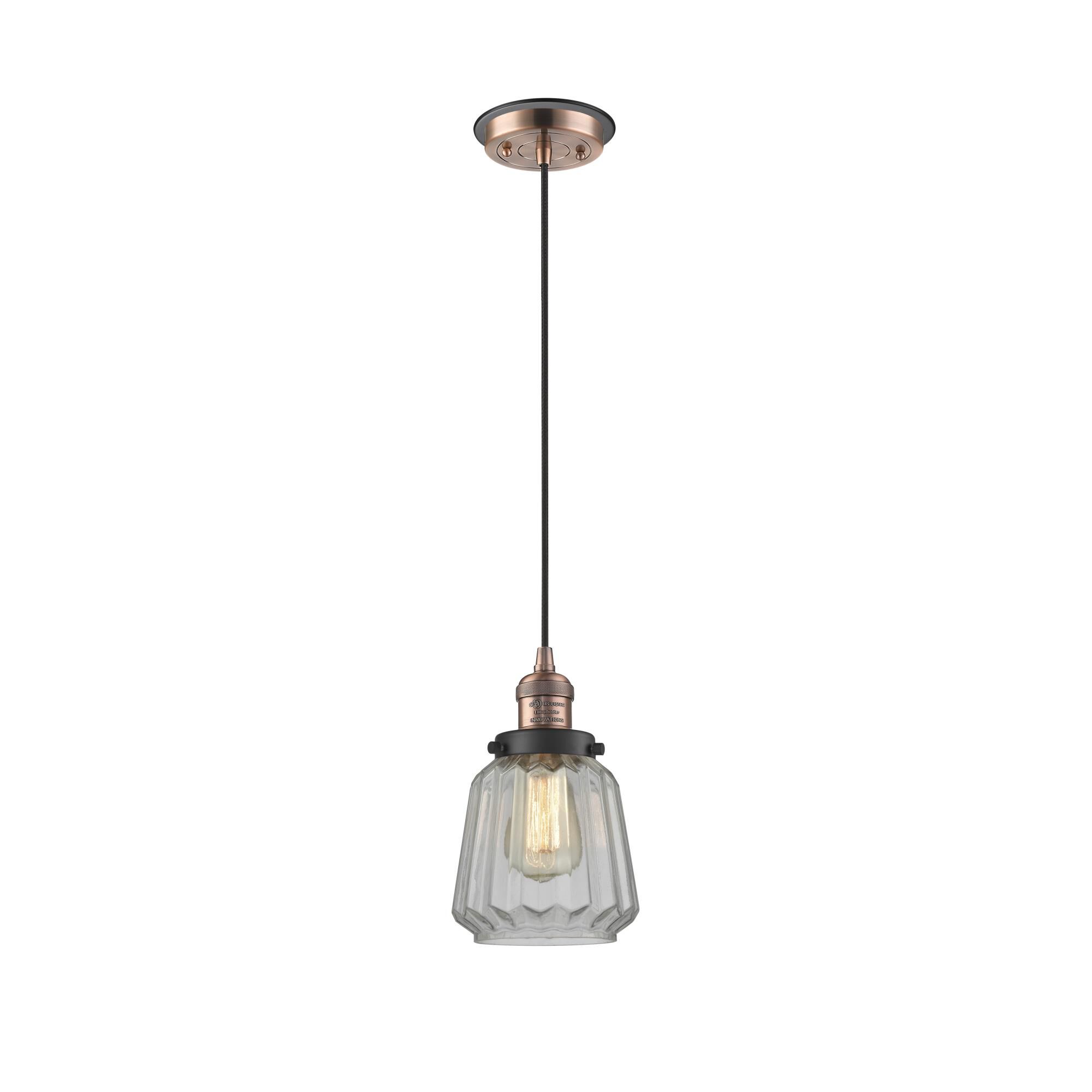 Shown in Antique Copper finish and Clear Chatham glass and Matte Black accent