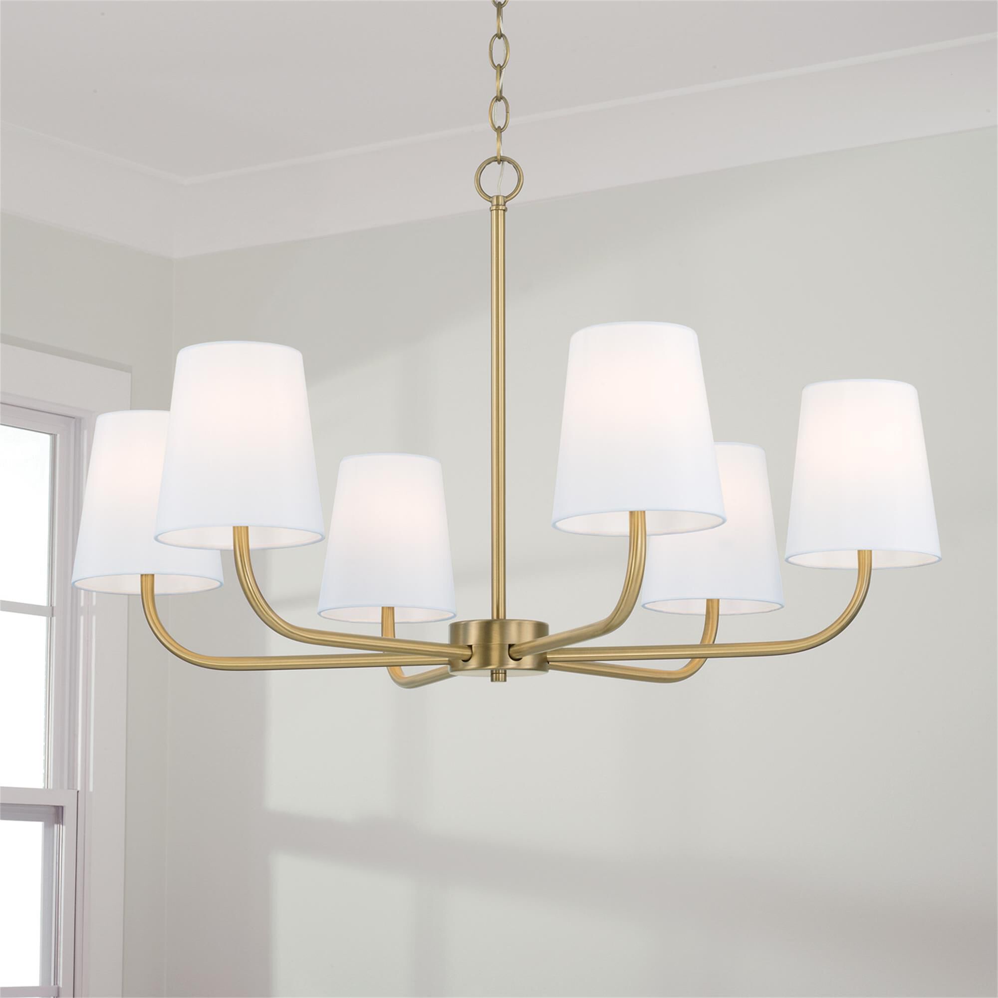 Shown in Aged Brass finish and White Fabric Stay-Straight s shade