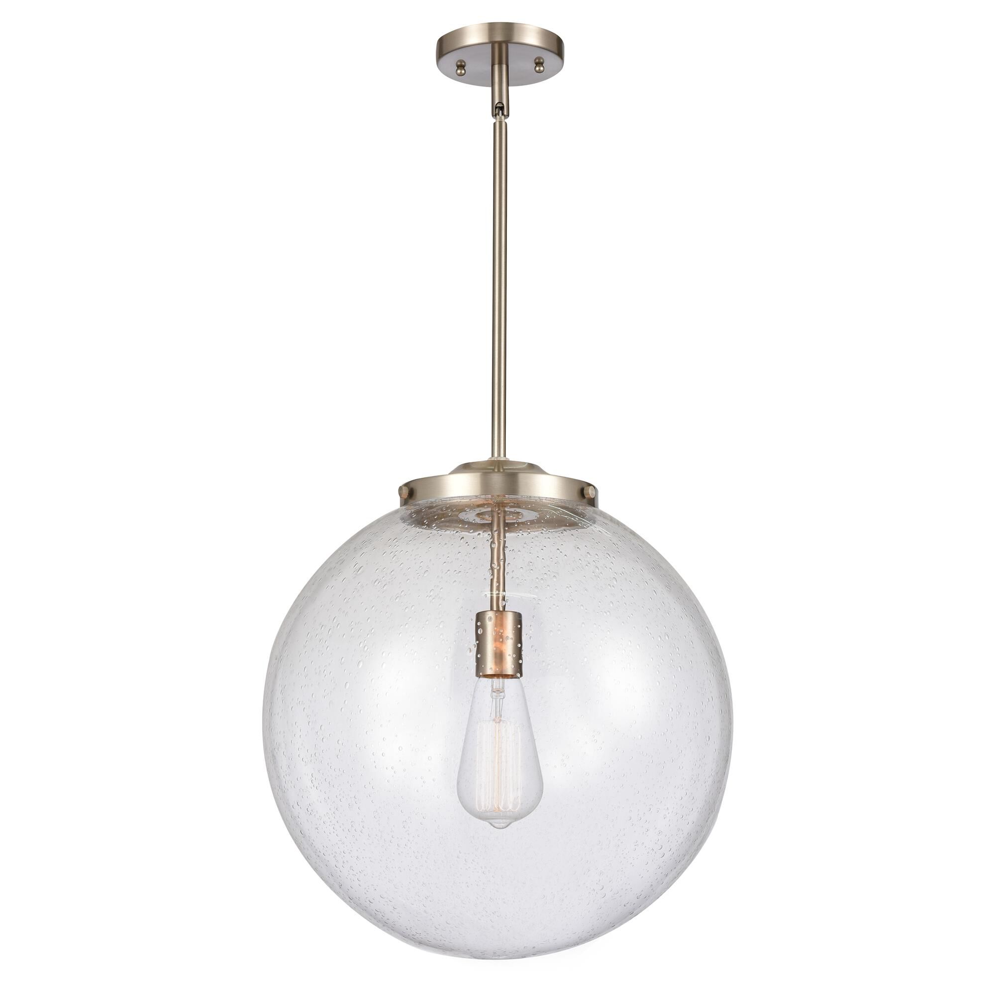 Shown in Brushed Satin Nickel finish and Seedy Beacon glass