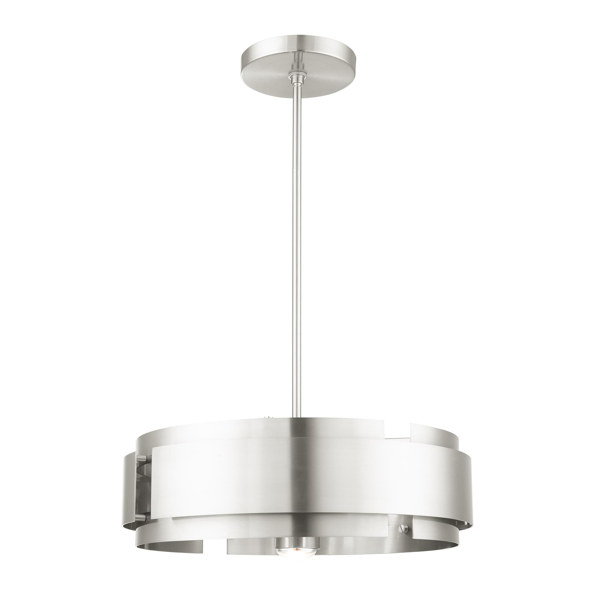 Shown in Brushed Nickel finish and Brushed Nickel Drum Shade glass and Brushed Nickel Drum shade