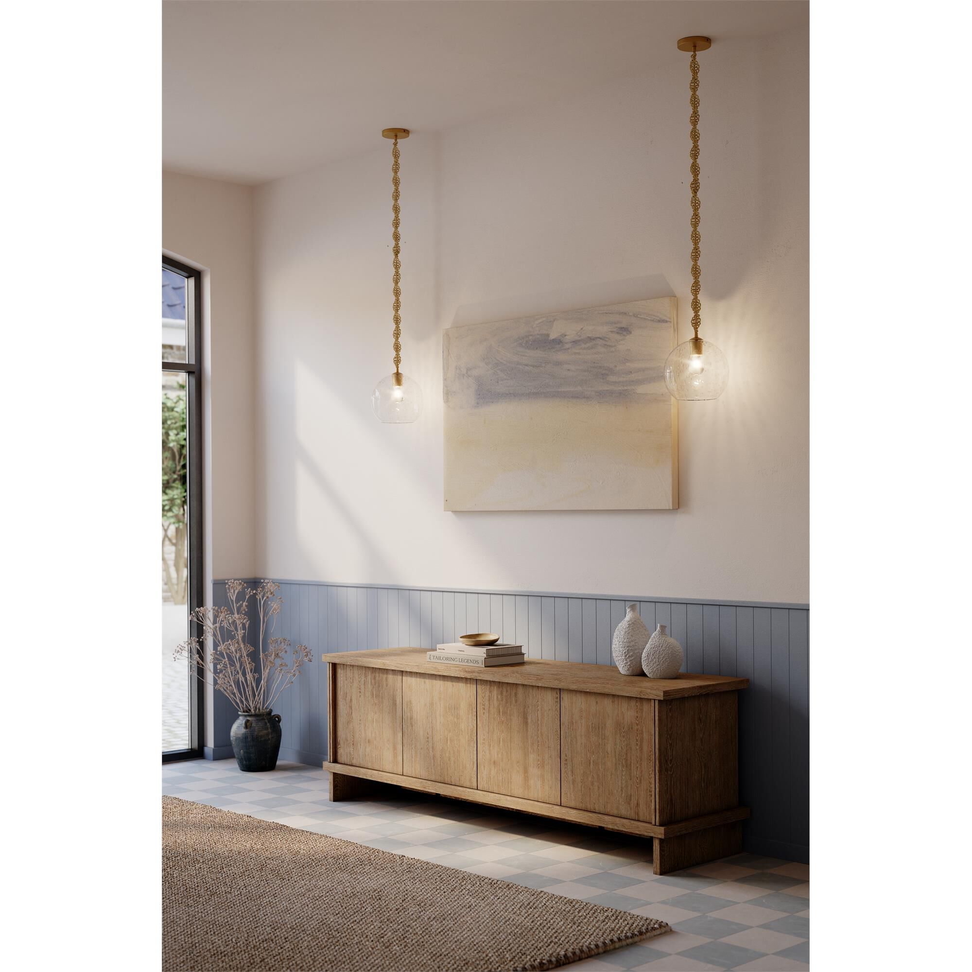 Shown in Legacy Brass finish and Clear Seeded glass