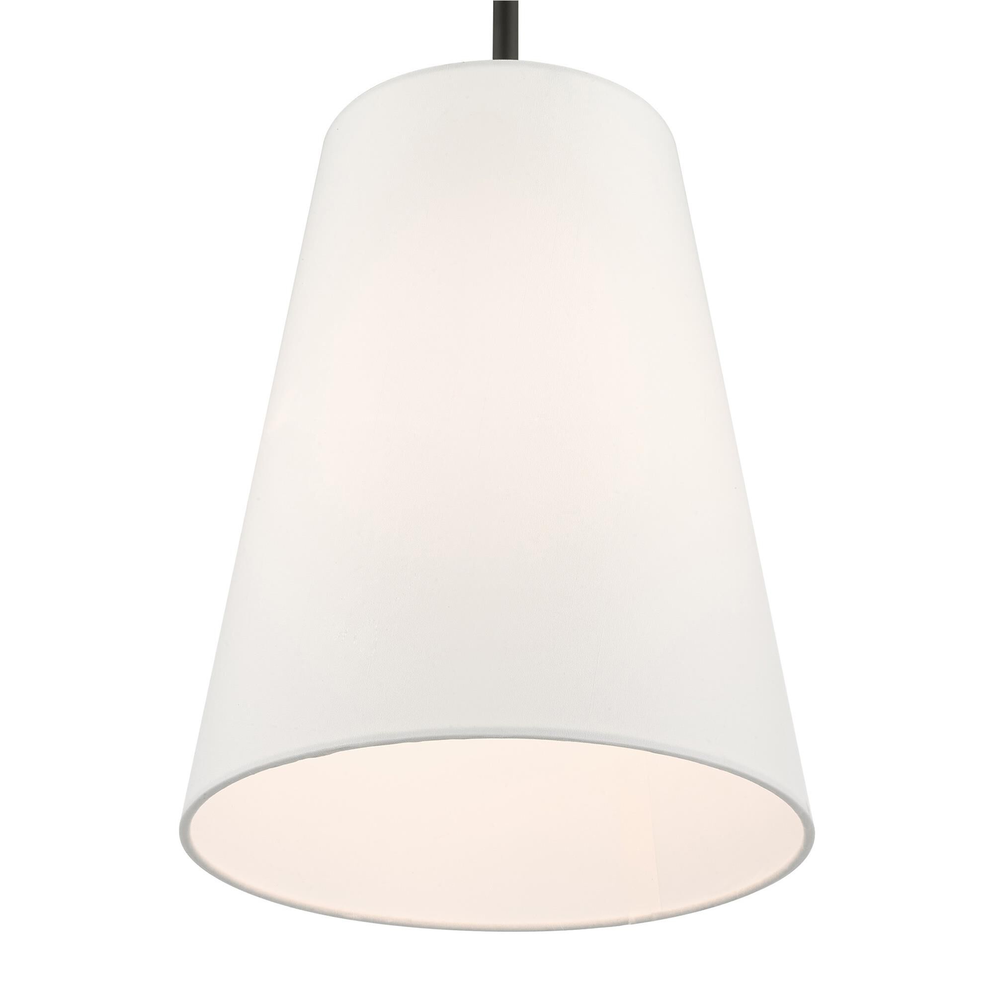 Shown in Black finish and Hand Crafted Off White Fabric Hardback Shade glass and Hand Crafted Off White Fabric Hardback shade