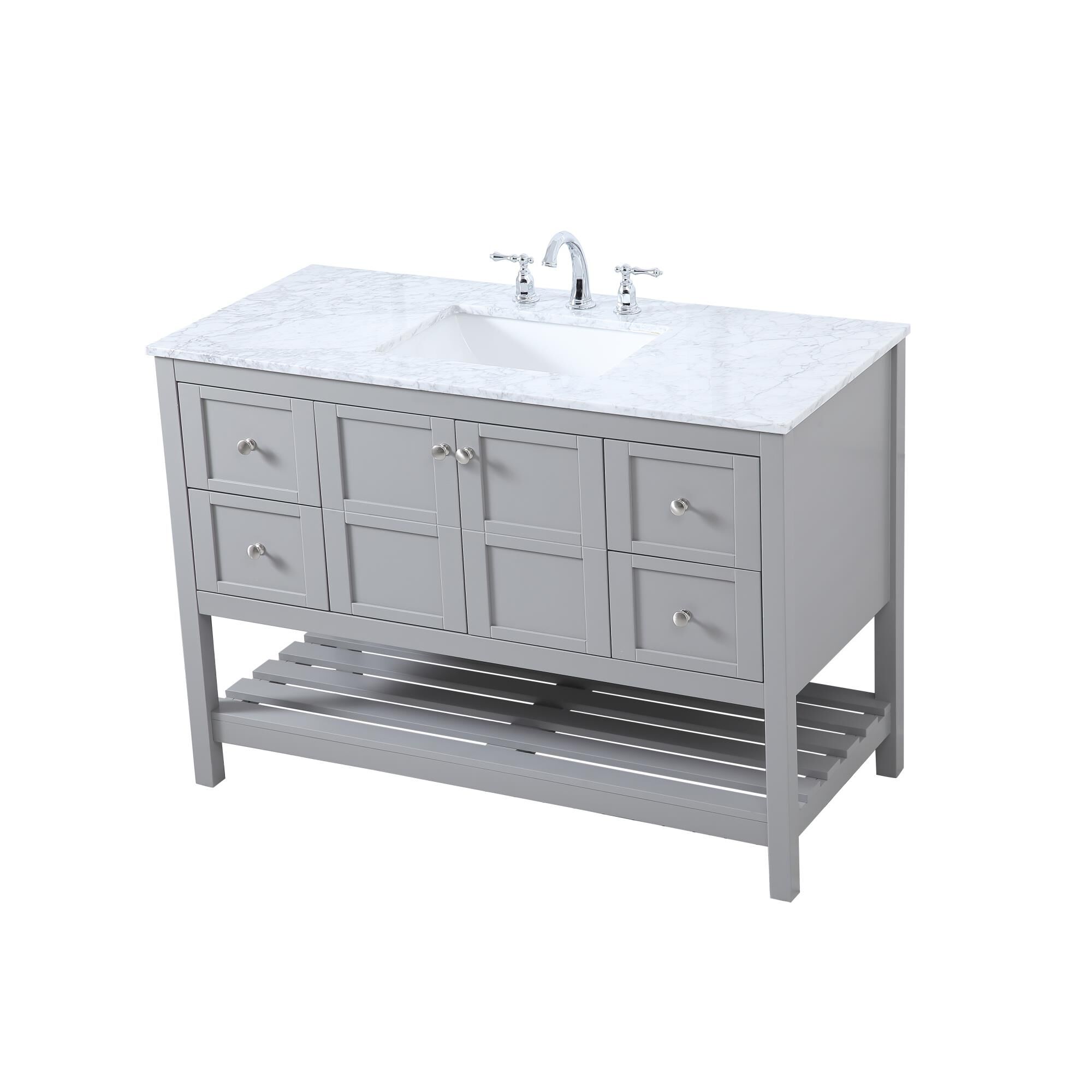 Shown in Gray And Brushed Nickel With Carrara White Marble finish