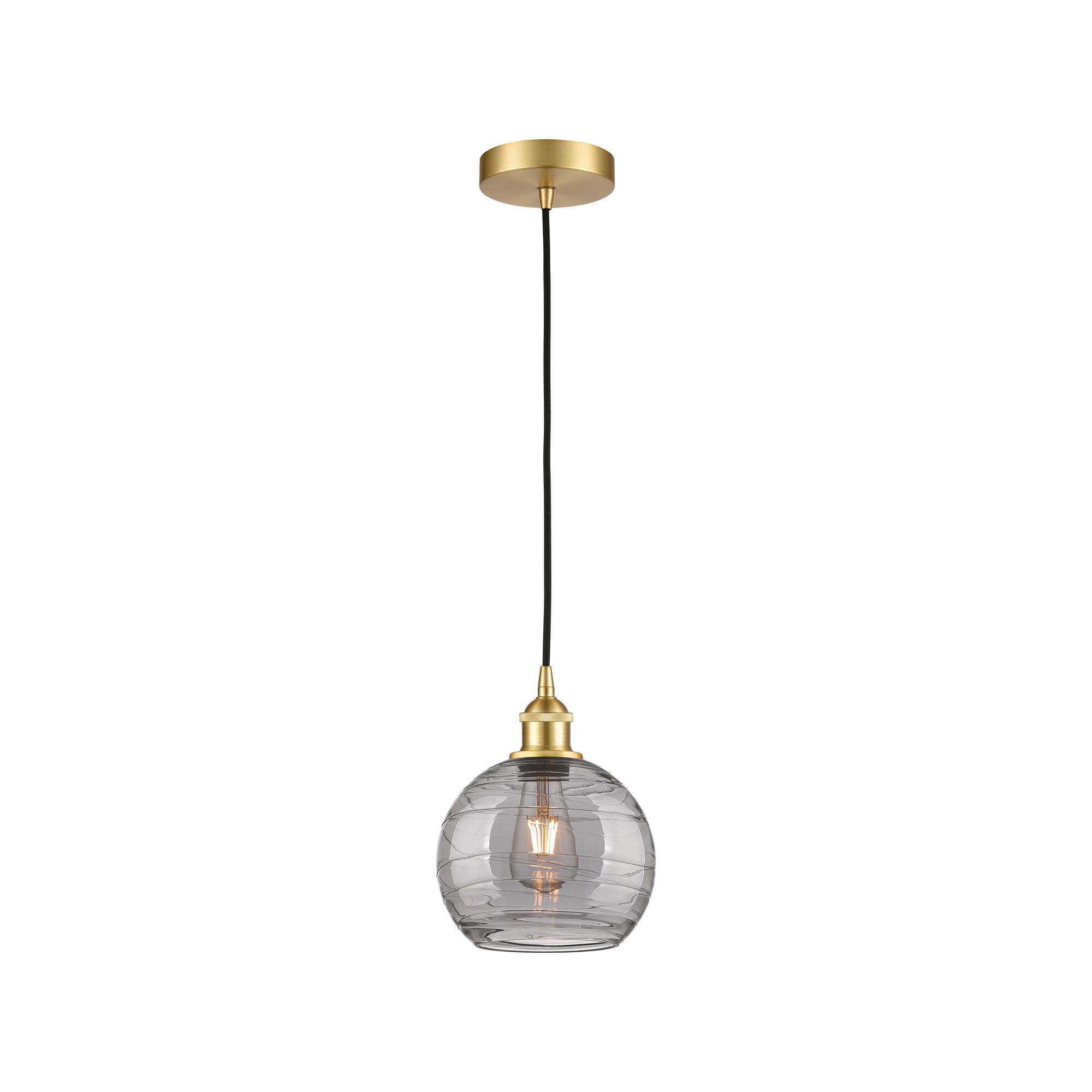 Shown in Satin Gold finish and Light Smoke Deco Swirl glass