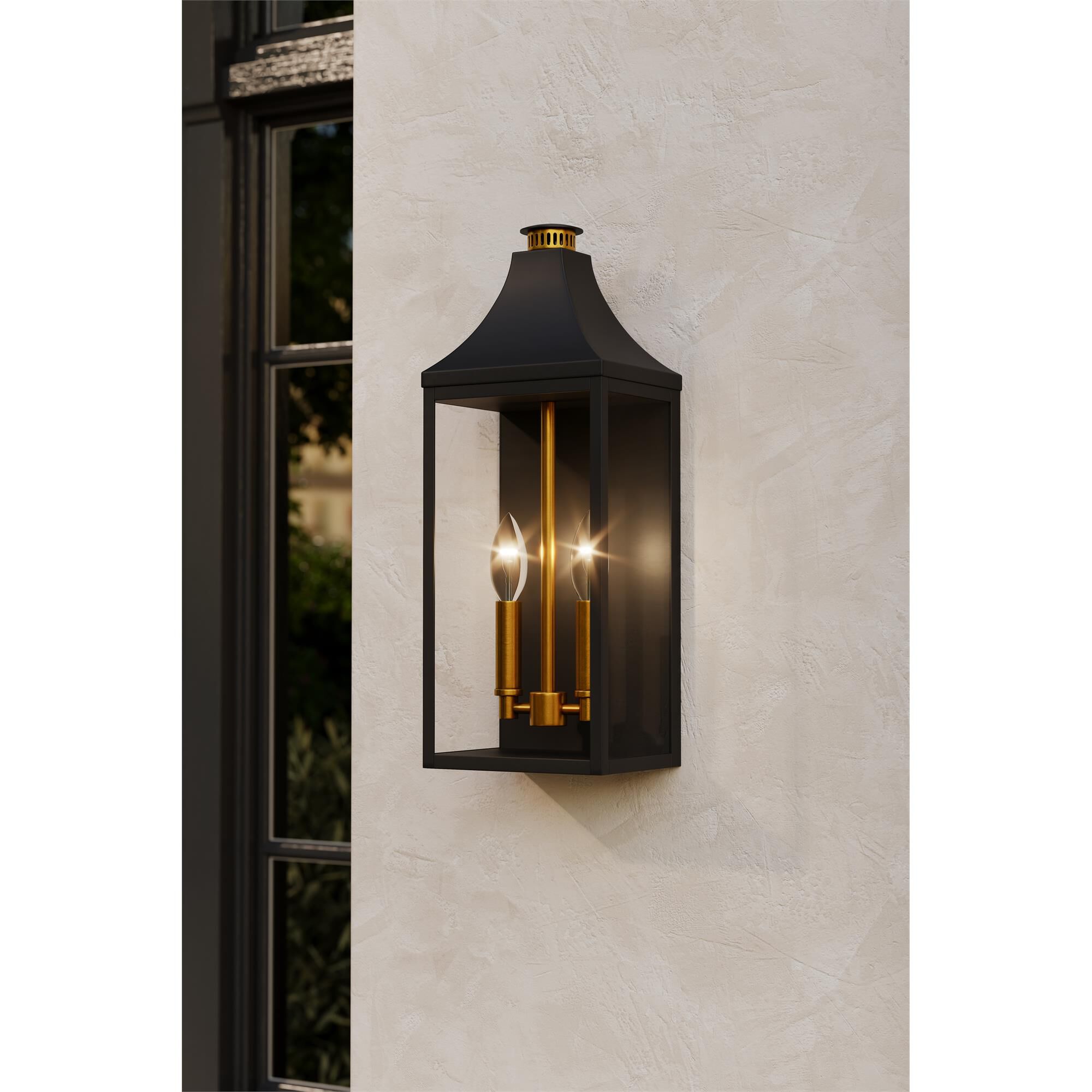 Shown in Dark Matte Black and Painted Legacy Brass finish and Clear glass