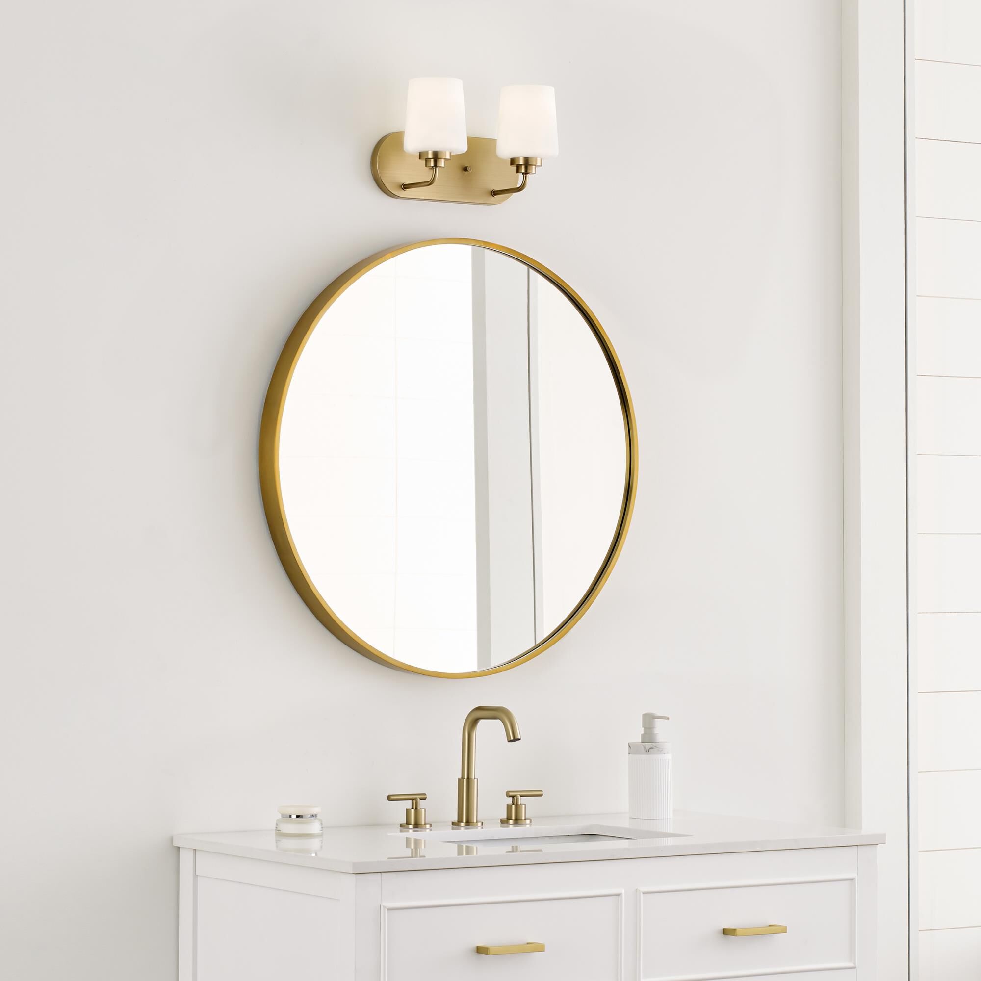 Shown in Satin Brass finish and Etched with White Inside glass