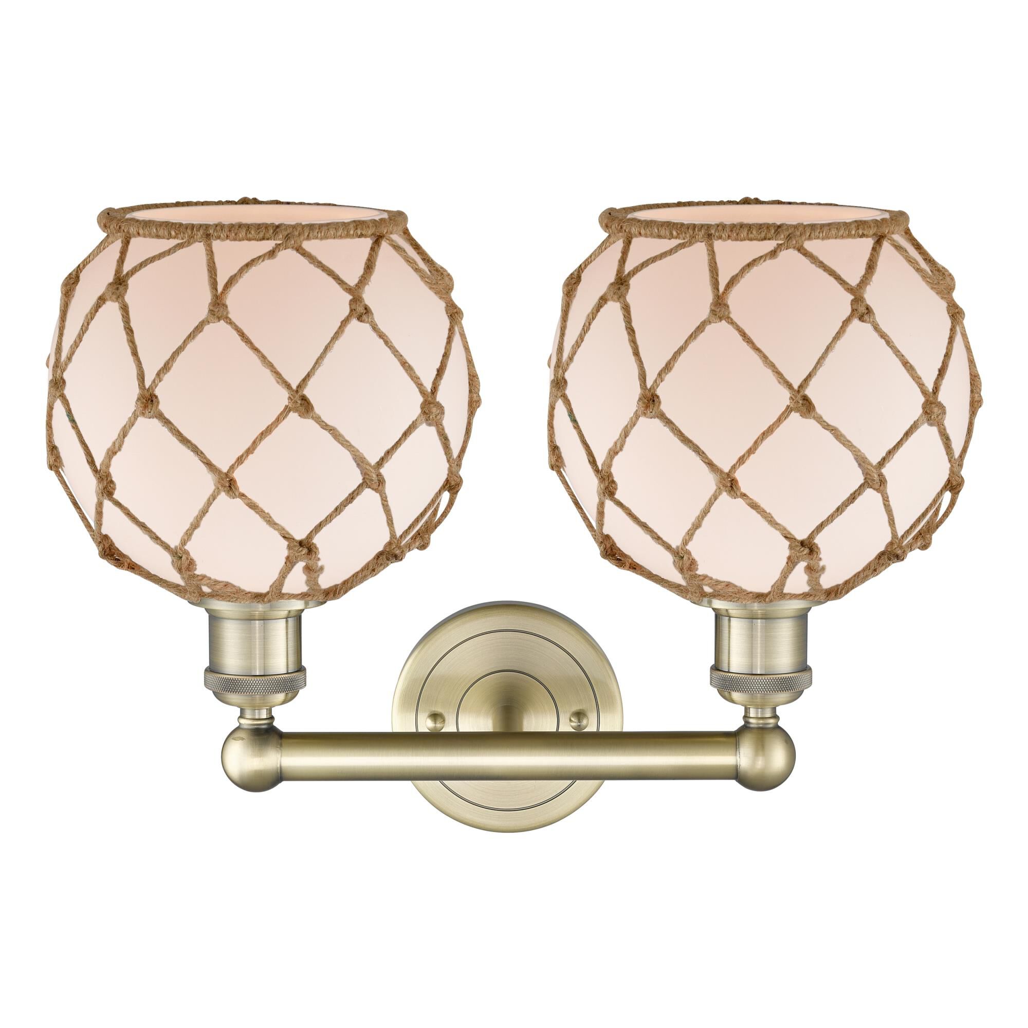 Shown in Antique Brass finish and White with Brown Rope glass