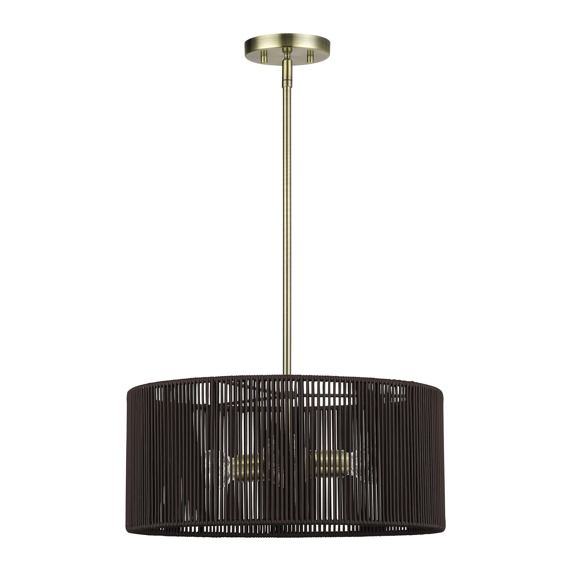 Shown in Antique Brass finish and Hand-Woven Dark Chocolate Color Polyester Rope shade