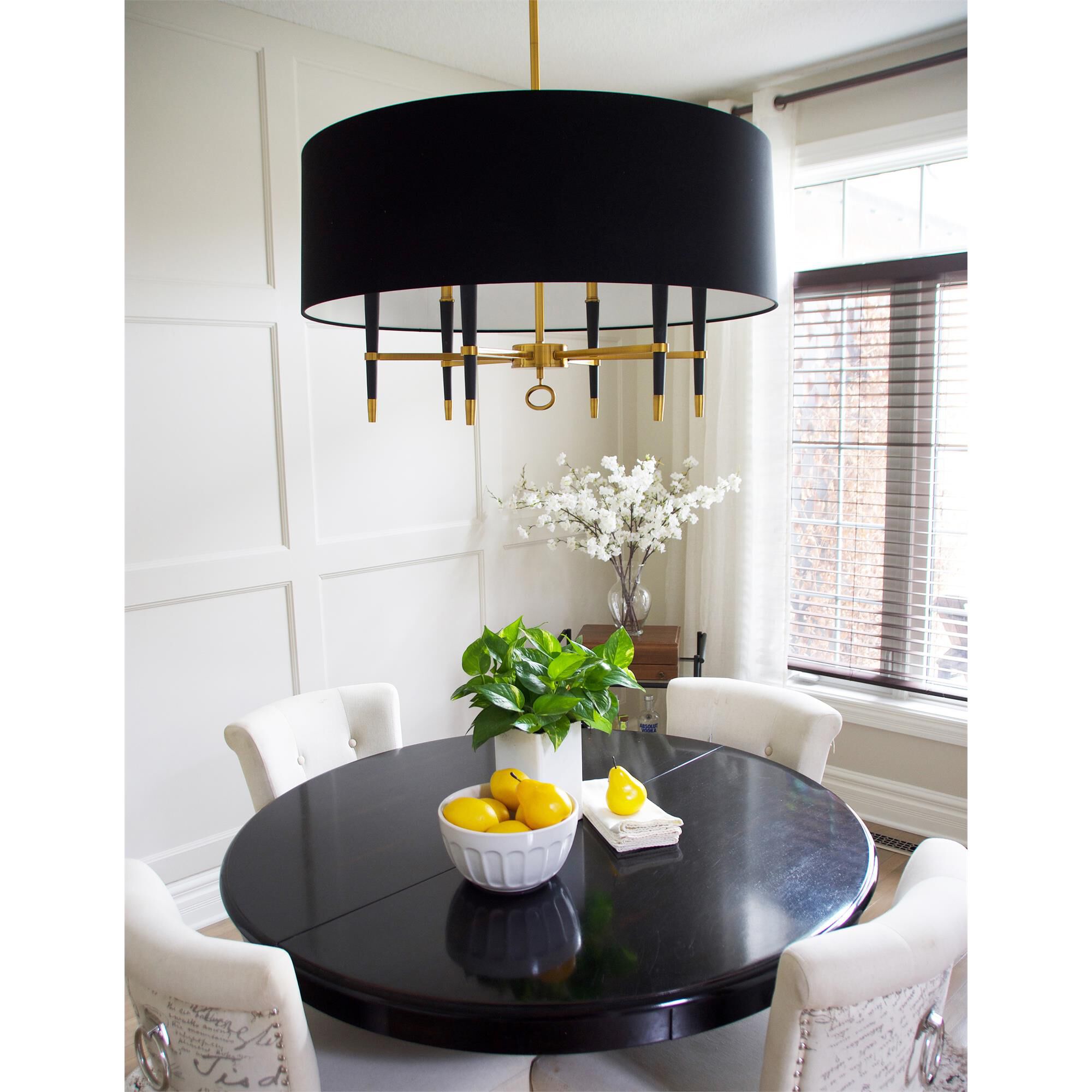 Shown in Vintage Bronze and Black finish and Black Fabric Drum shade