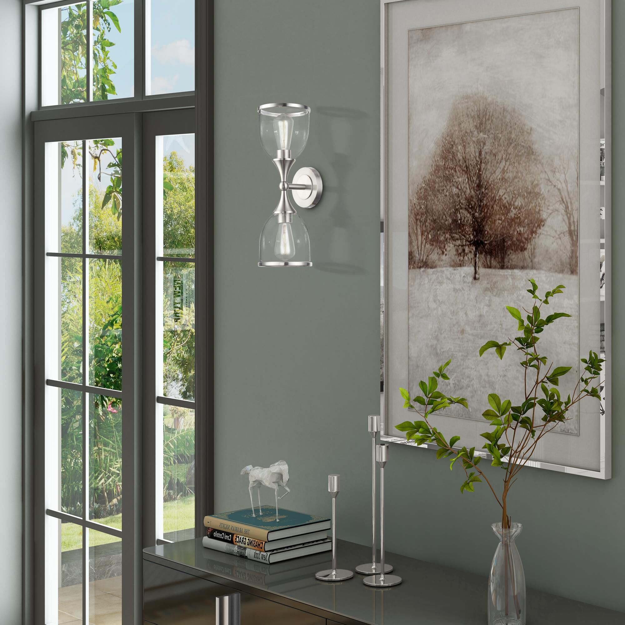 Shown in Brushed Nickel finish and Mouth Blown Clear glass