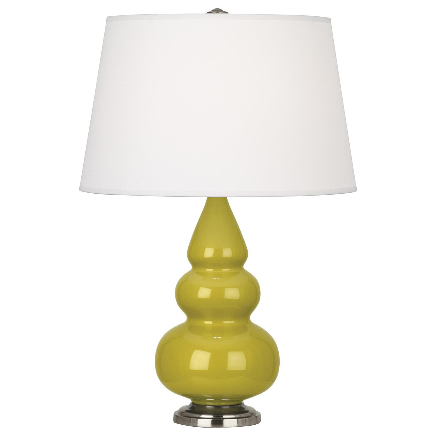 Shown in Citron Glazed Ceramic With Antique Silver ed Accents finish and Pearl Dupioni Fabric shade