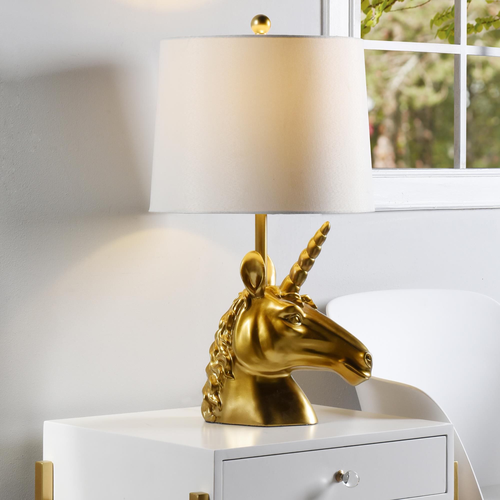 Shown in Gold, Brass, White finish and White Polyester Fabric shade