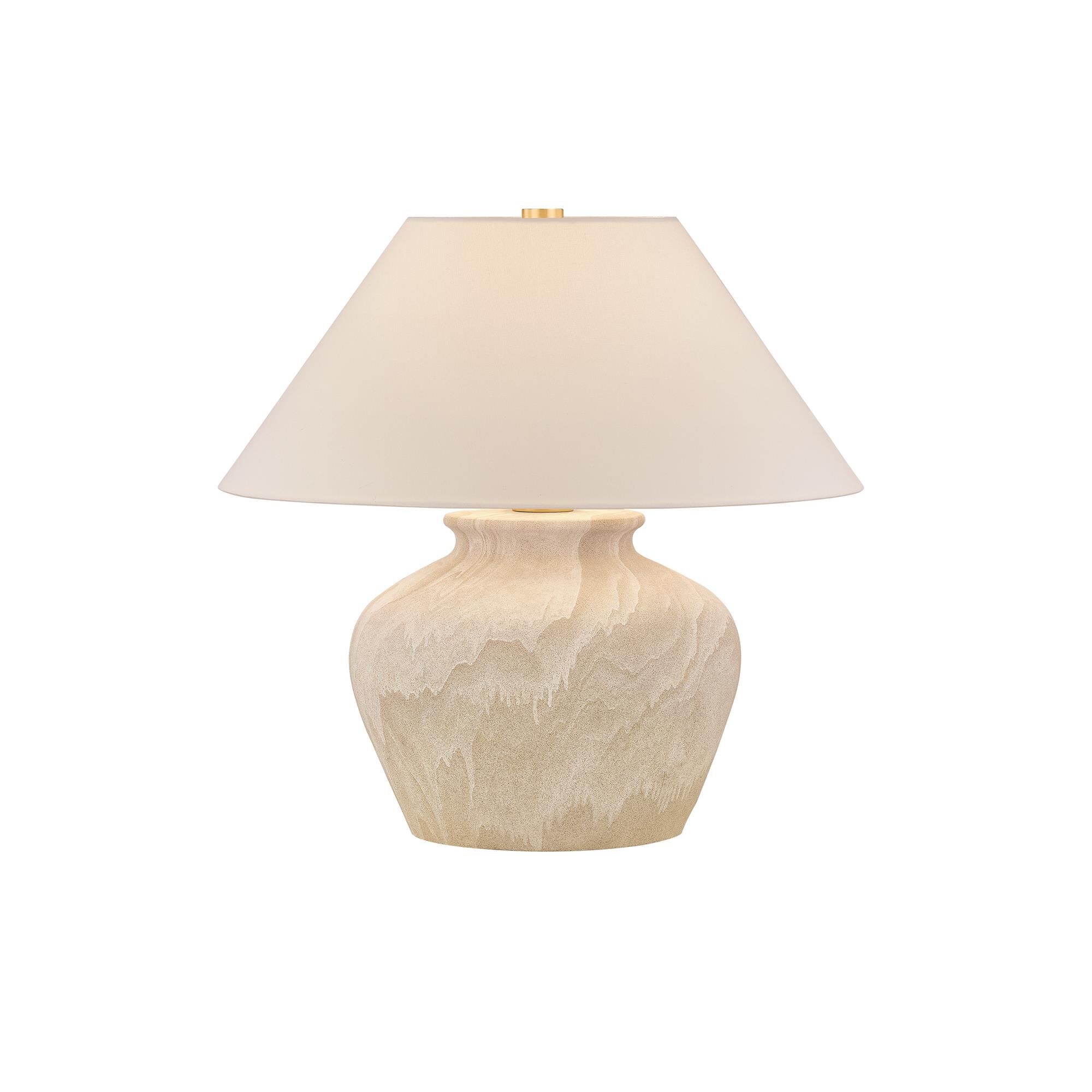 Shown in Aged Brass and Ceramic Watercolor Sand finish and White Linen shade