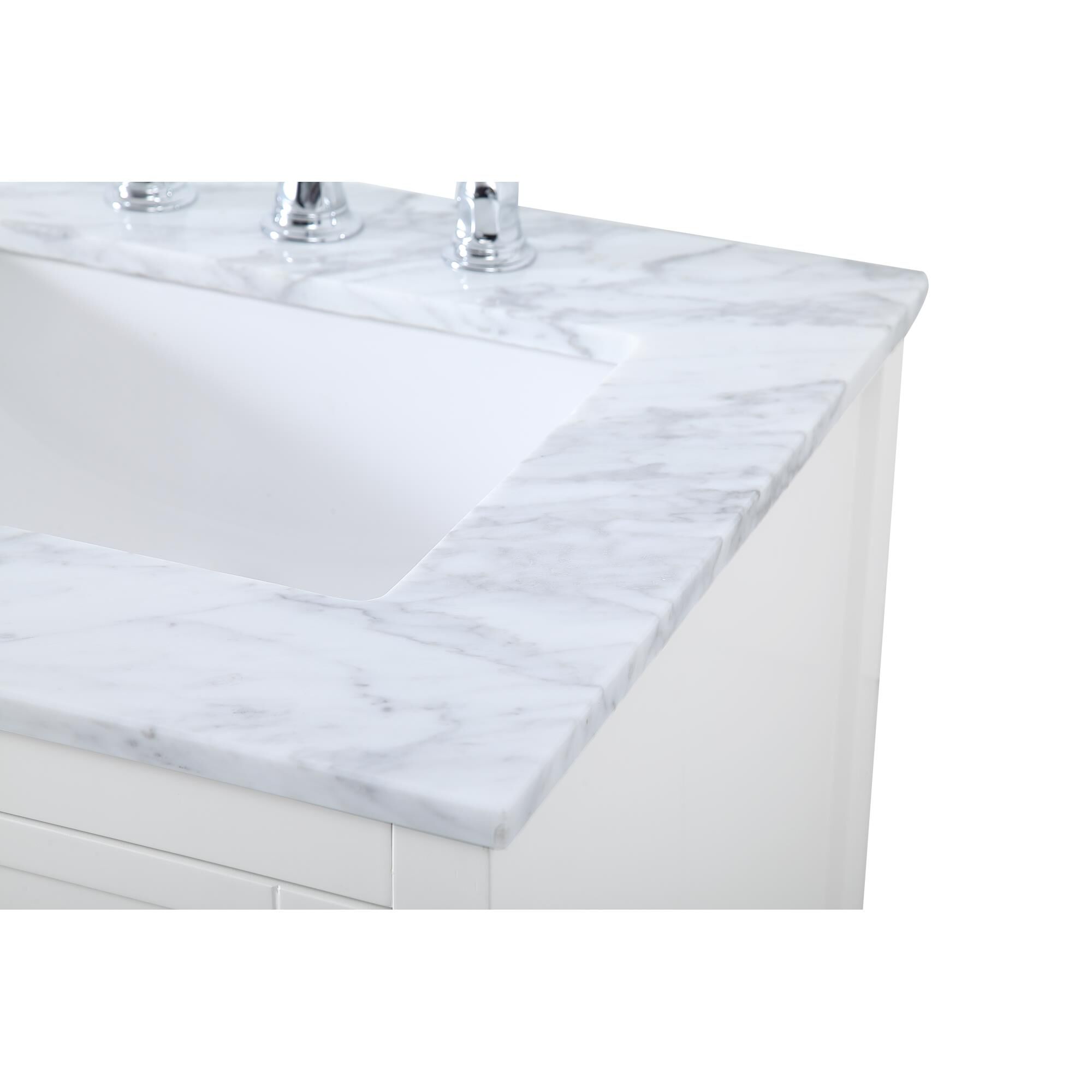 Shown in White And Brushed Nickel With Carrara White Marble finish