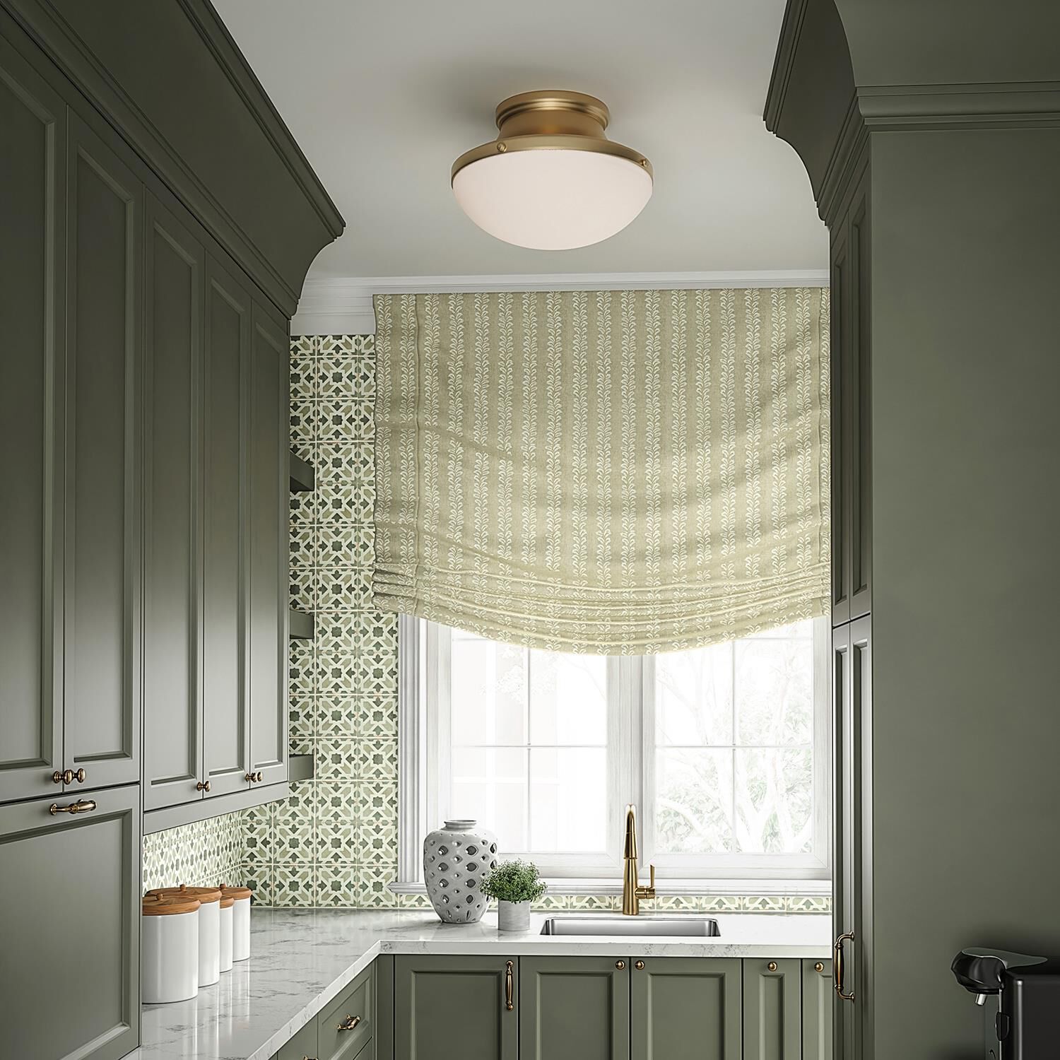 Shown in Aged Brass finish and Soft White glass