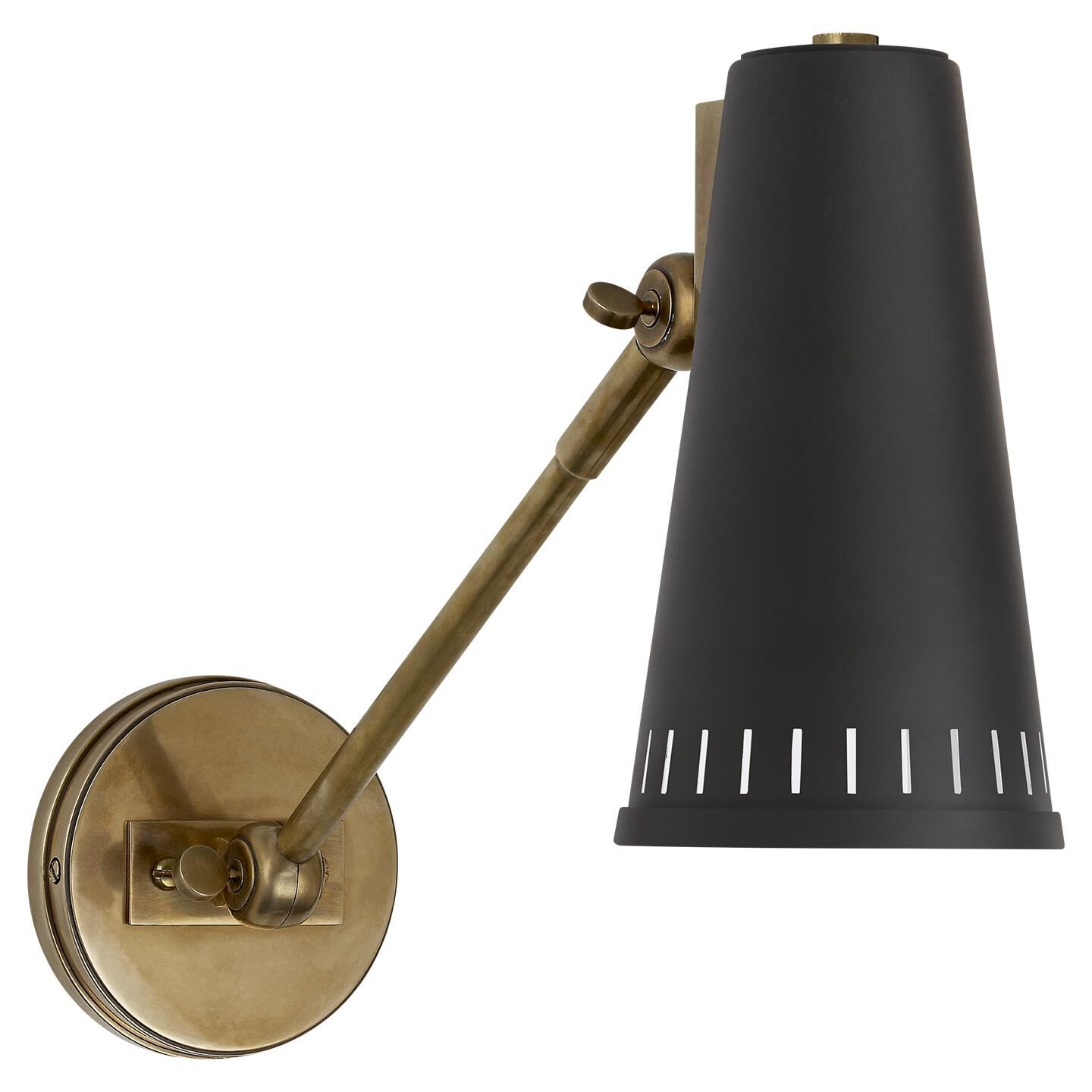 Shown in Hand-Rubbed Antique Brass finish and Black shade