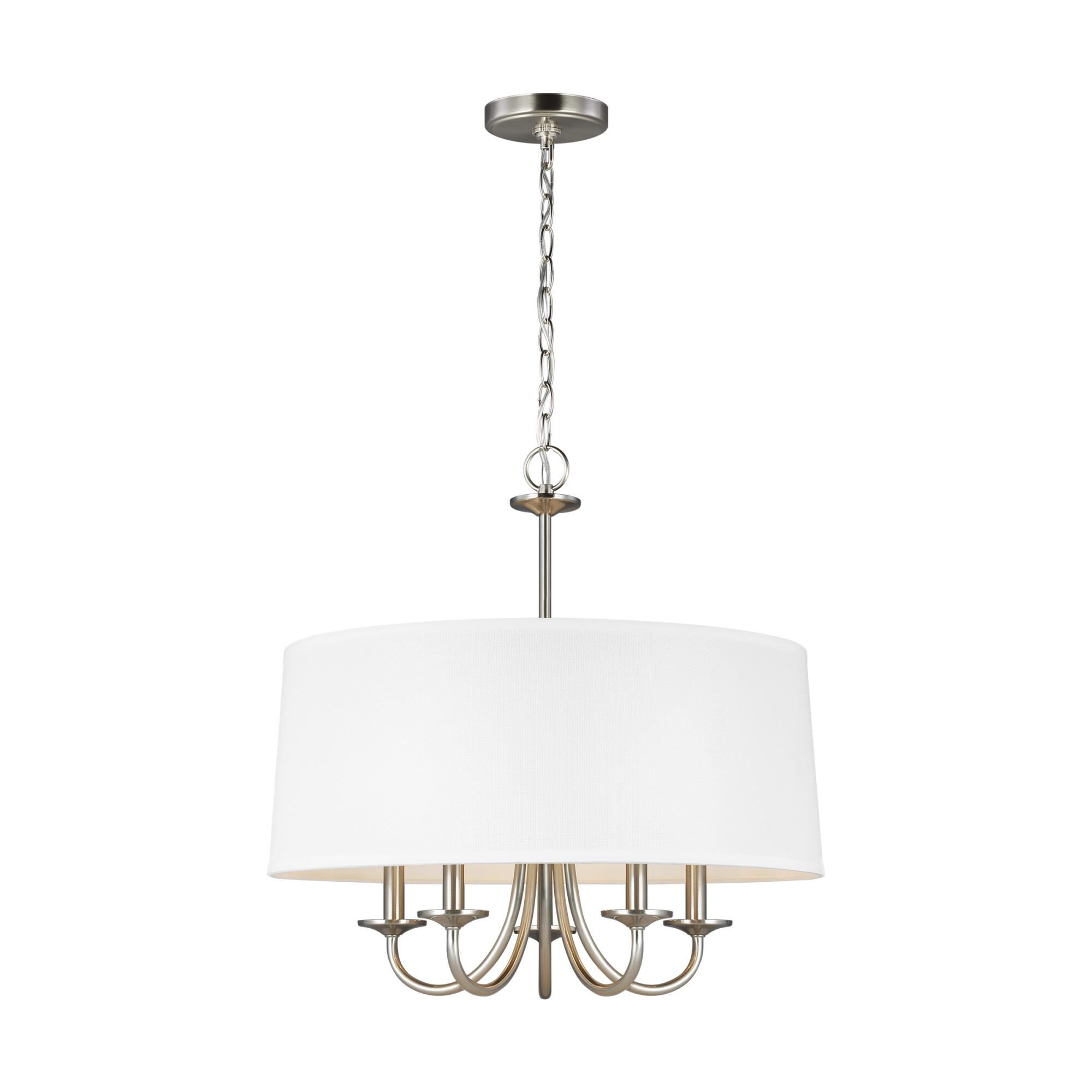 Shown in Brushed Nickel finish and White Linen Fabric shade
