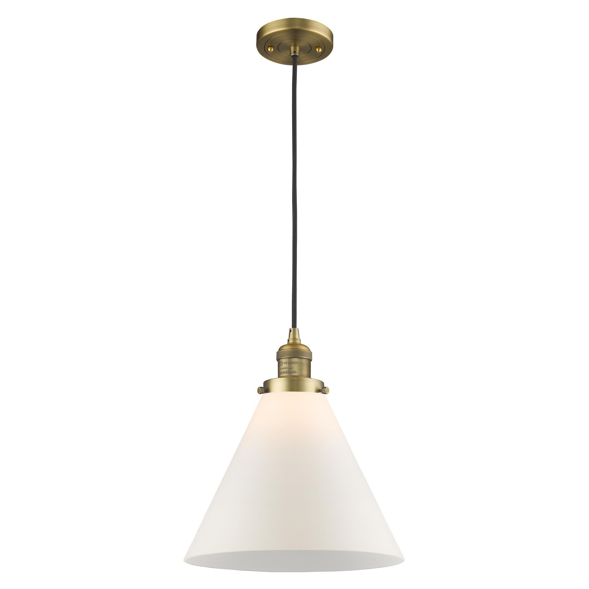 Shown in Brushed Brass finish and Matte White Cased glass