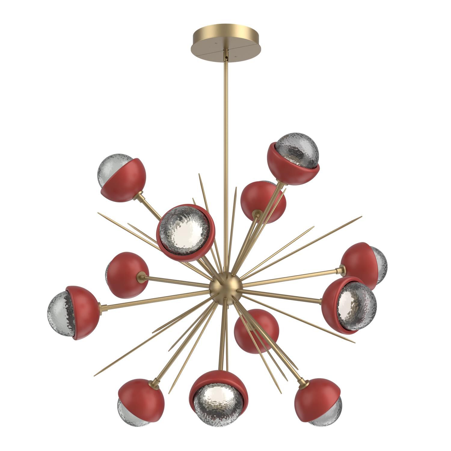 Shown in Gilded Brass finish and Smoke glass and Cinnamon Red accent