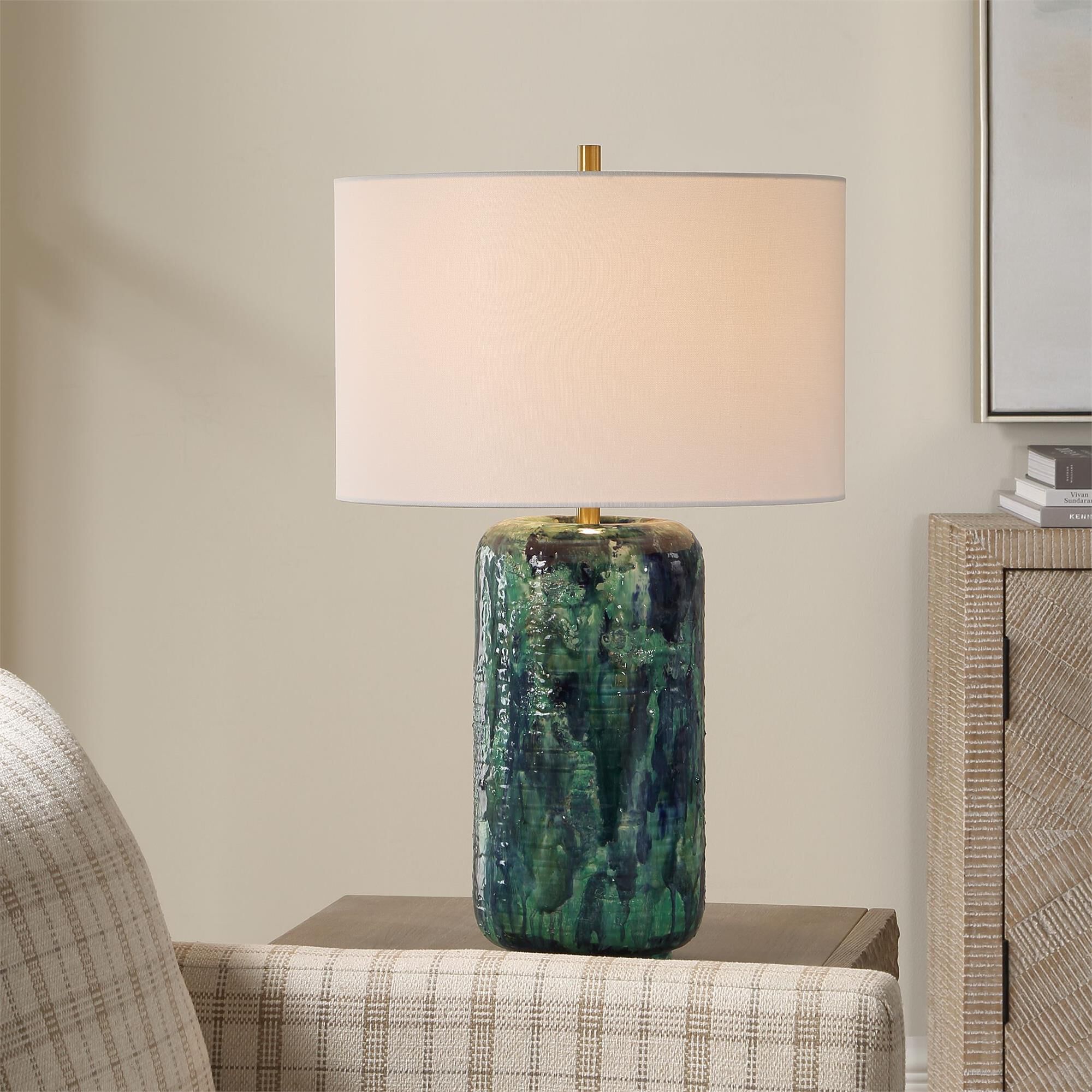 Shown in Blue, Green finish and Round Drum Hardback shade