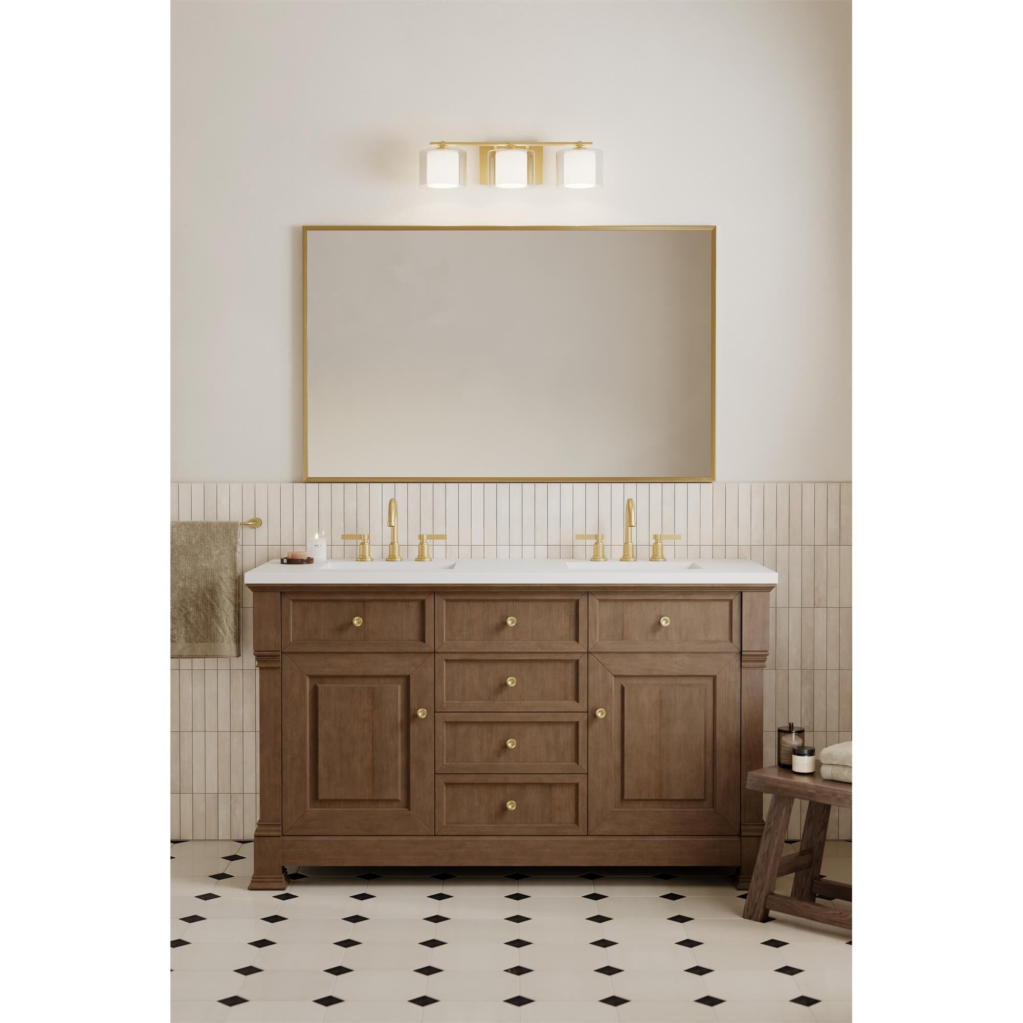Shown in Legacy Brass finish and Clear and Etched Opal glass