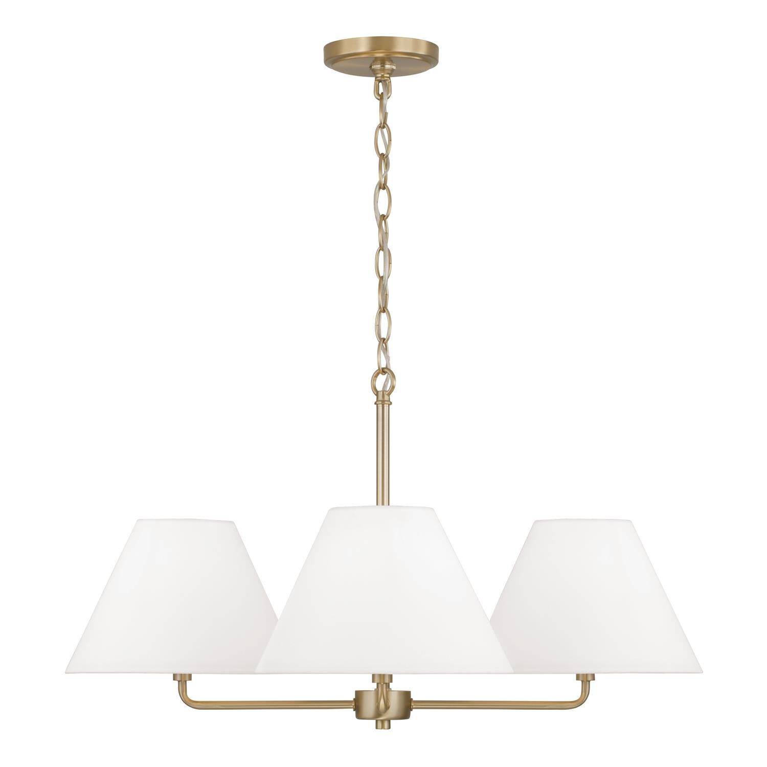 Shown in Matte Brass finish and Soft White Fabric Stay-Straight shade