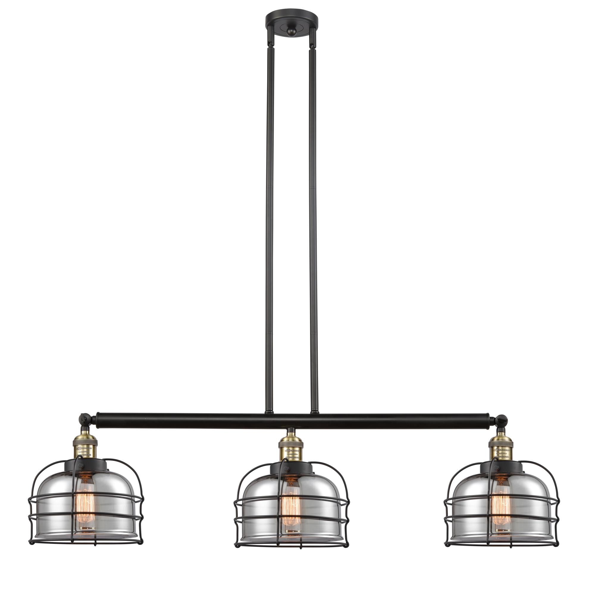Shown in Black Antique Brass finish and Plated Smoke Large Bell Cage glass and Matte Black accent