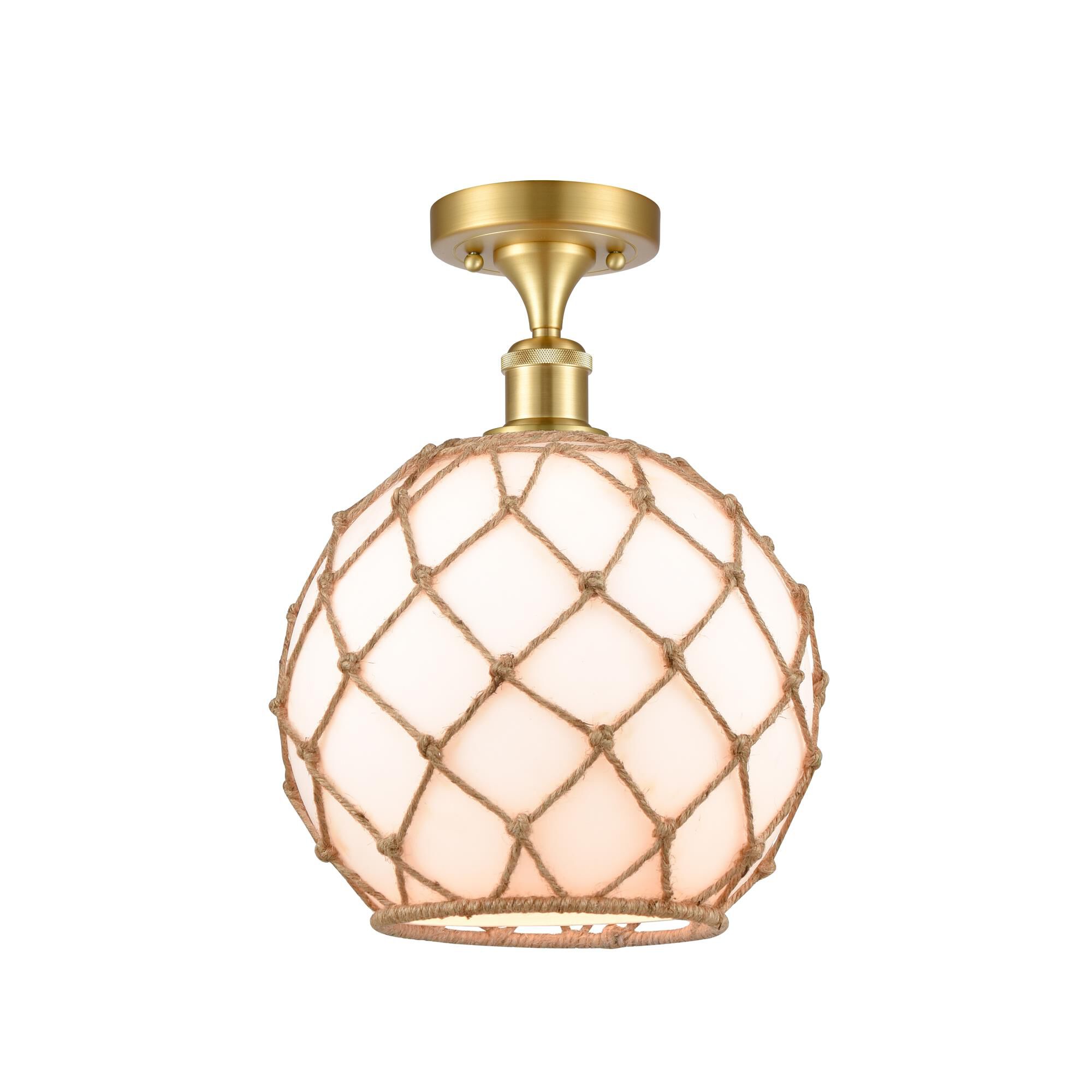 Shown in Satin Gold finish and White Large Farmhousewith Brown Rope glass