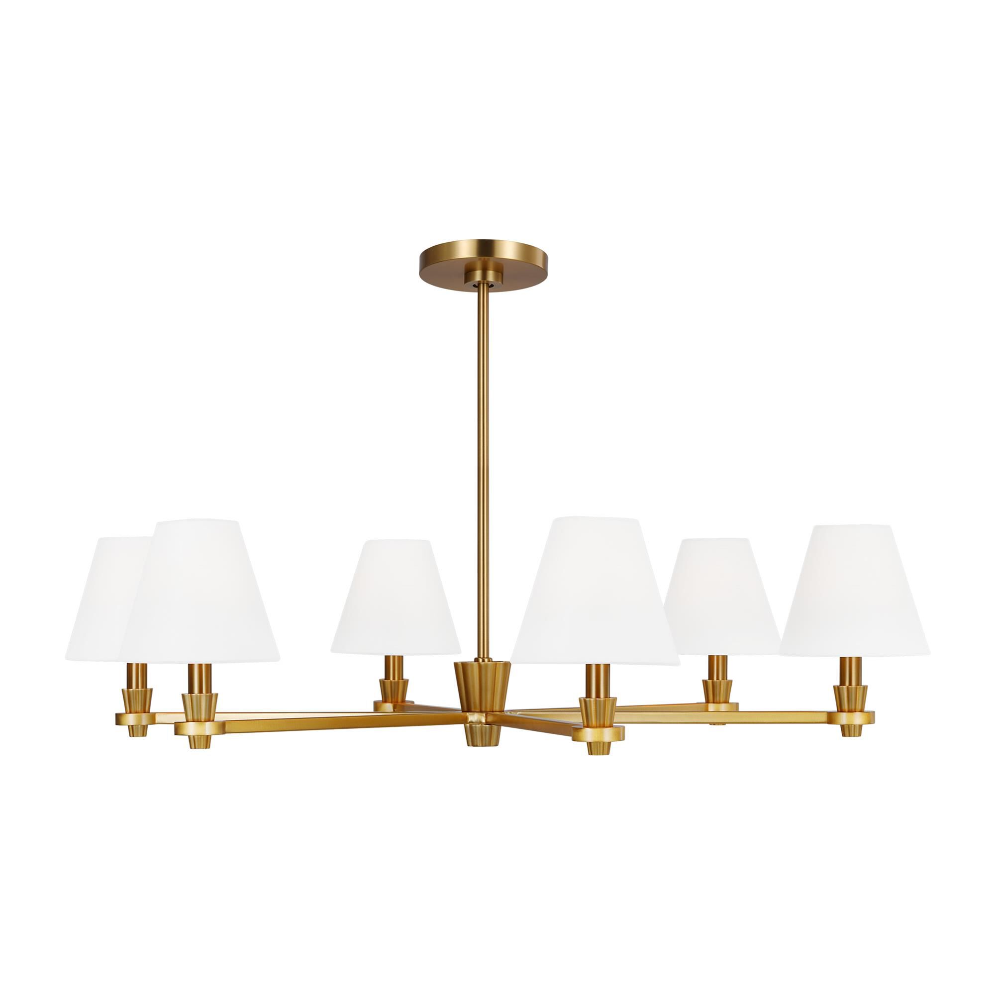 Shown in Burnished Brass finish and White Linen Fabric s shade