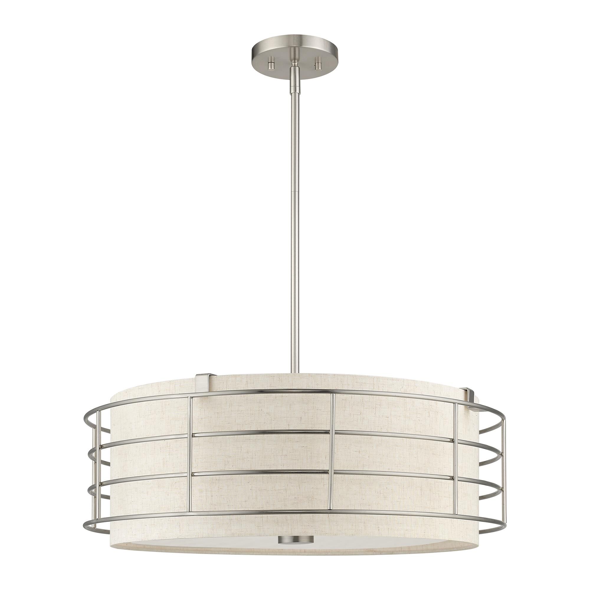 Shown in Brushed Nickel finish and Hand Crafted Oatmeal Color Hardback Fabric shade