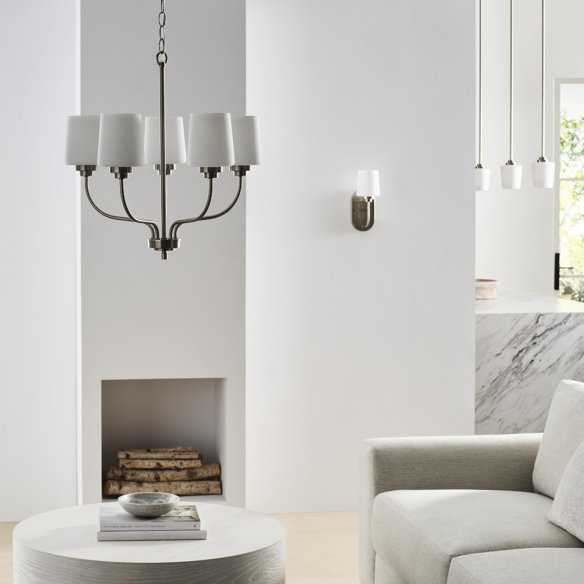 Shown in Brushed Nickel finish and Etched with White Inside glass