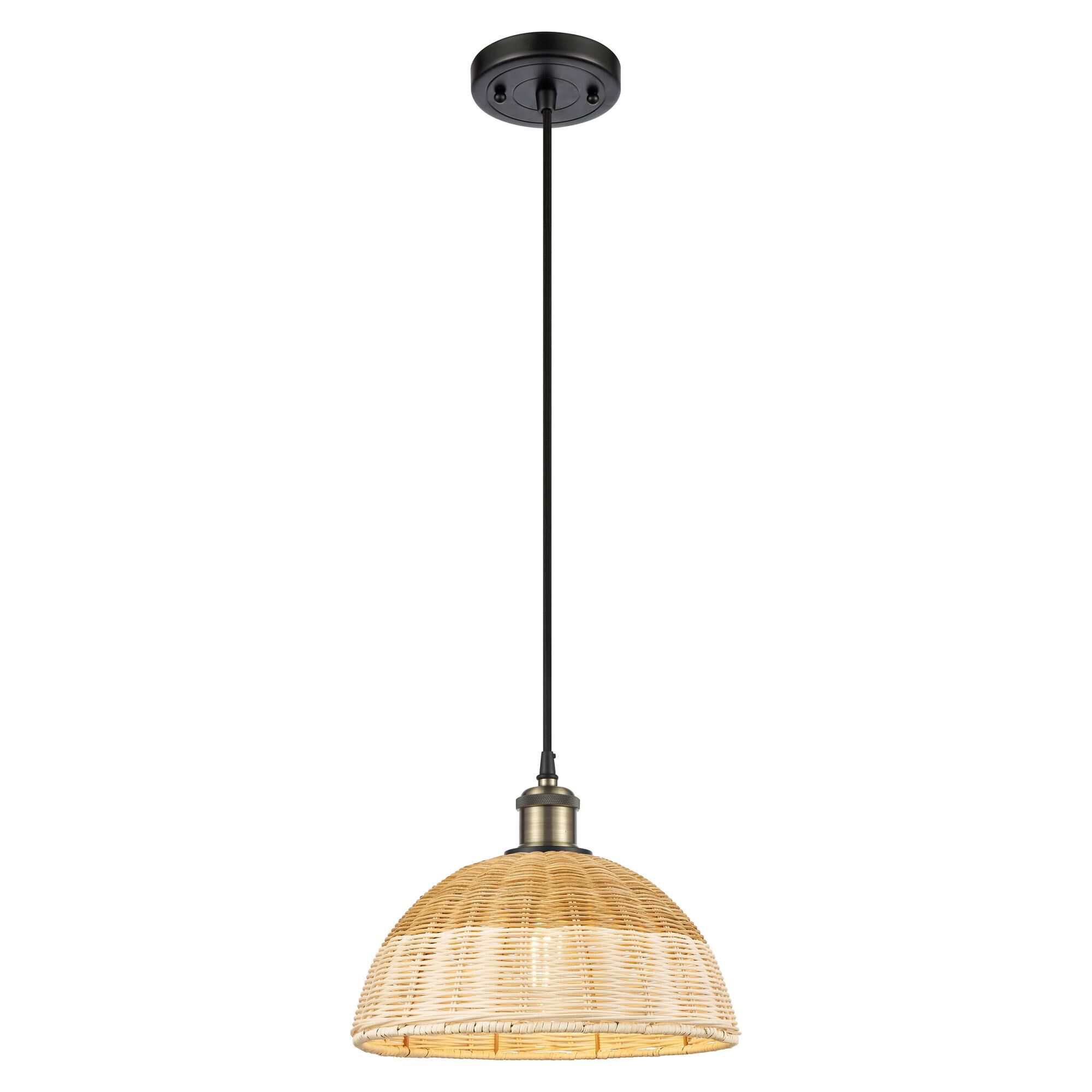 Shown in Black Antique Brass finish and Natural shade