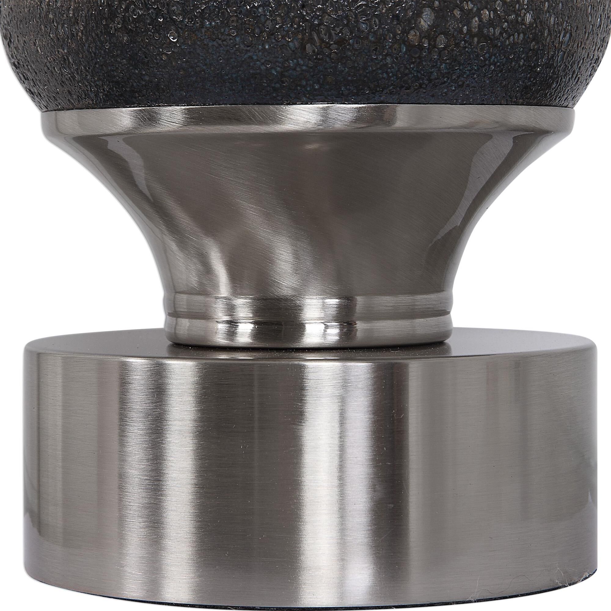 Shown in Deep Blue - Hues of Rust Copper finish and Charcoal Gray Sueded Fabric shade