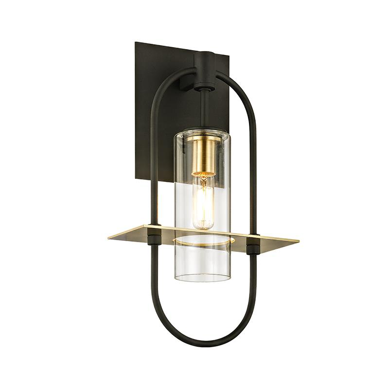 Shown in Dark Bronze finish and Clear glass and Brushed Brass accent
