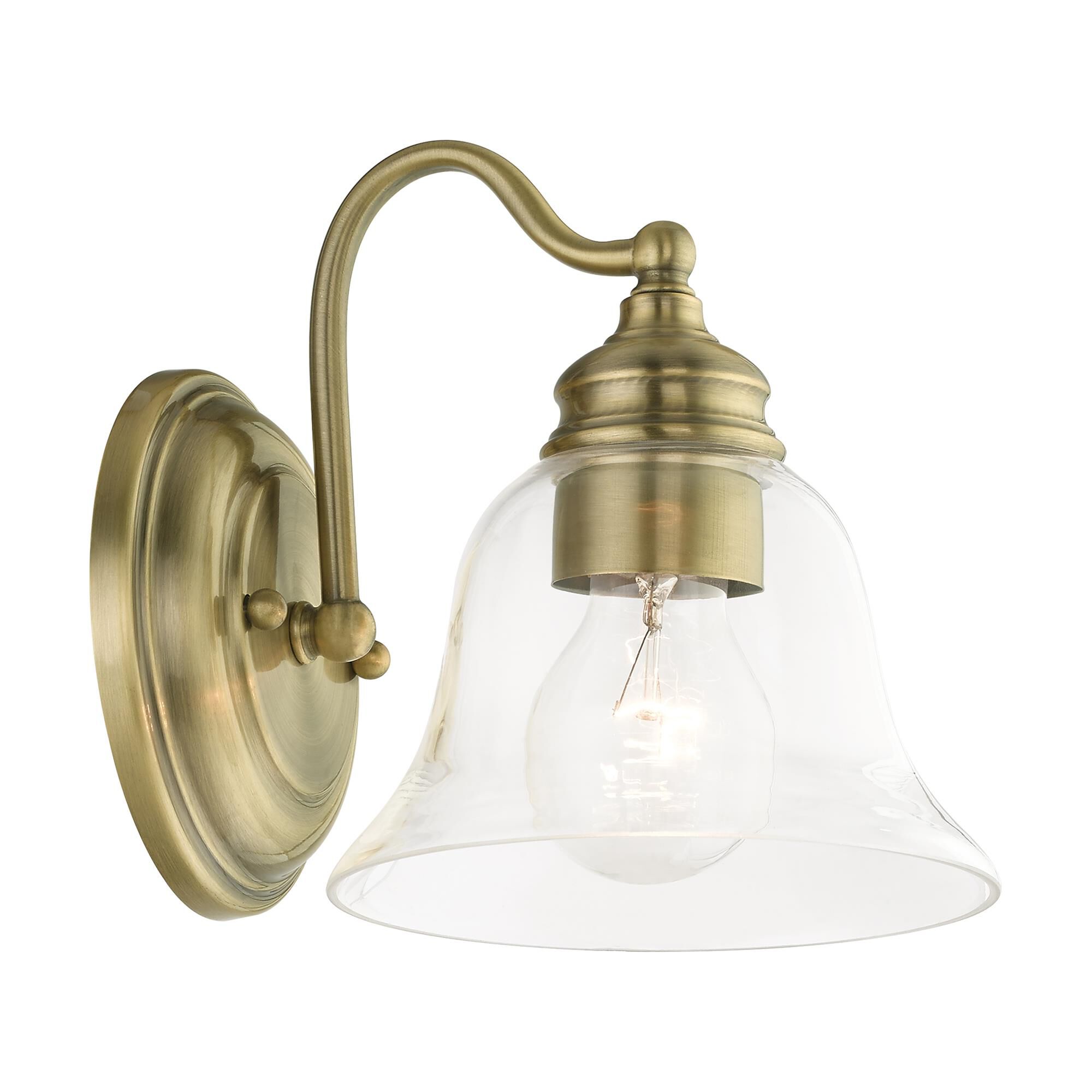 Shown in Antique Brass finish and Hand Blown Clear glass