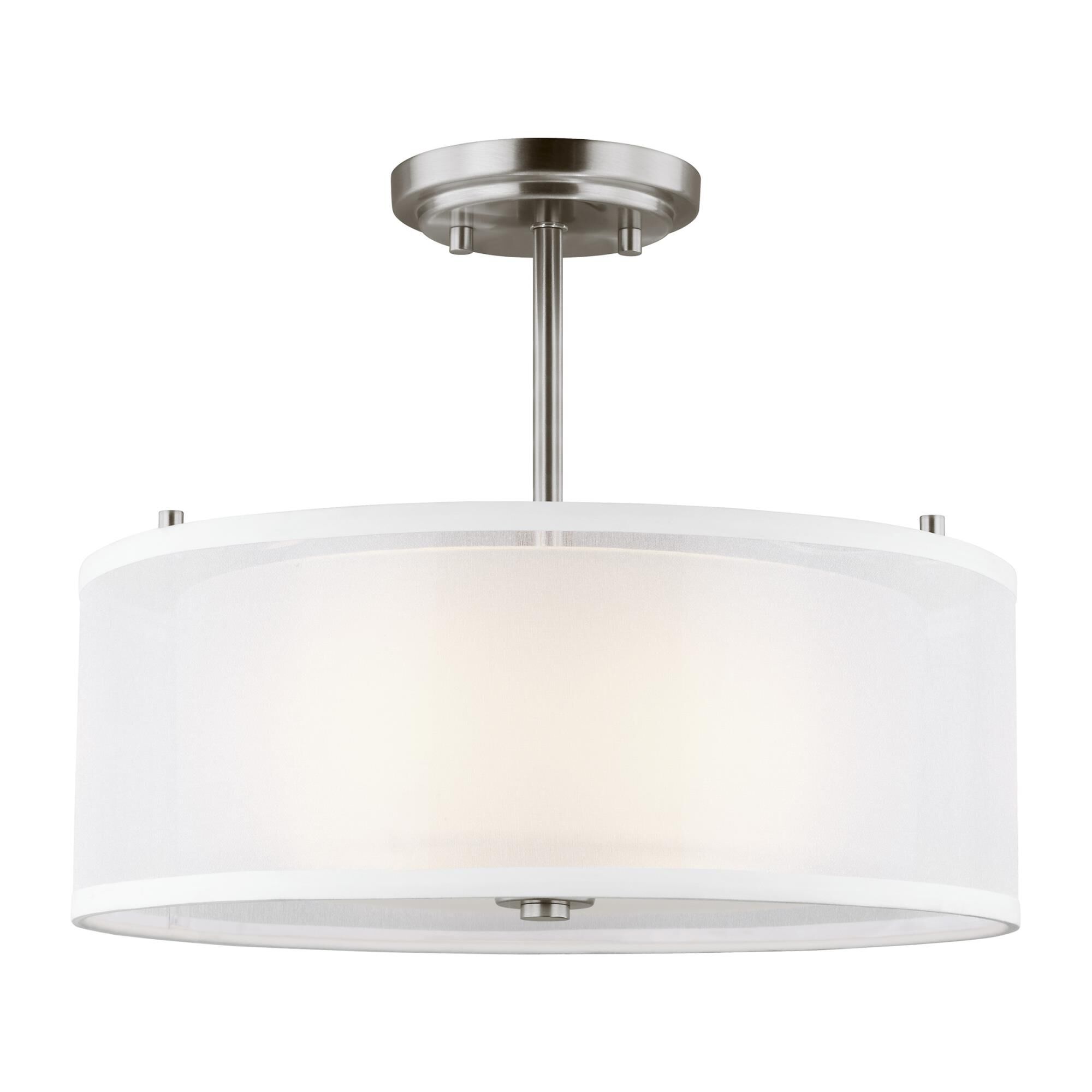 Shown in Brushed Nickel finish and Satin Etched glass and Off White Organza Silk shade