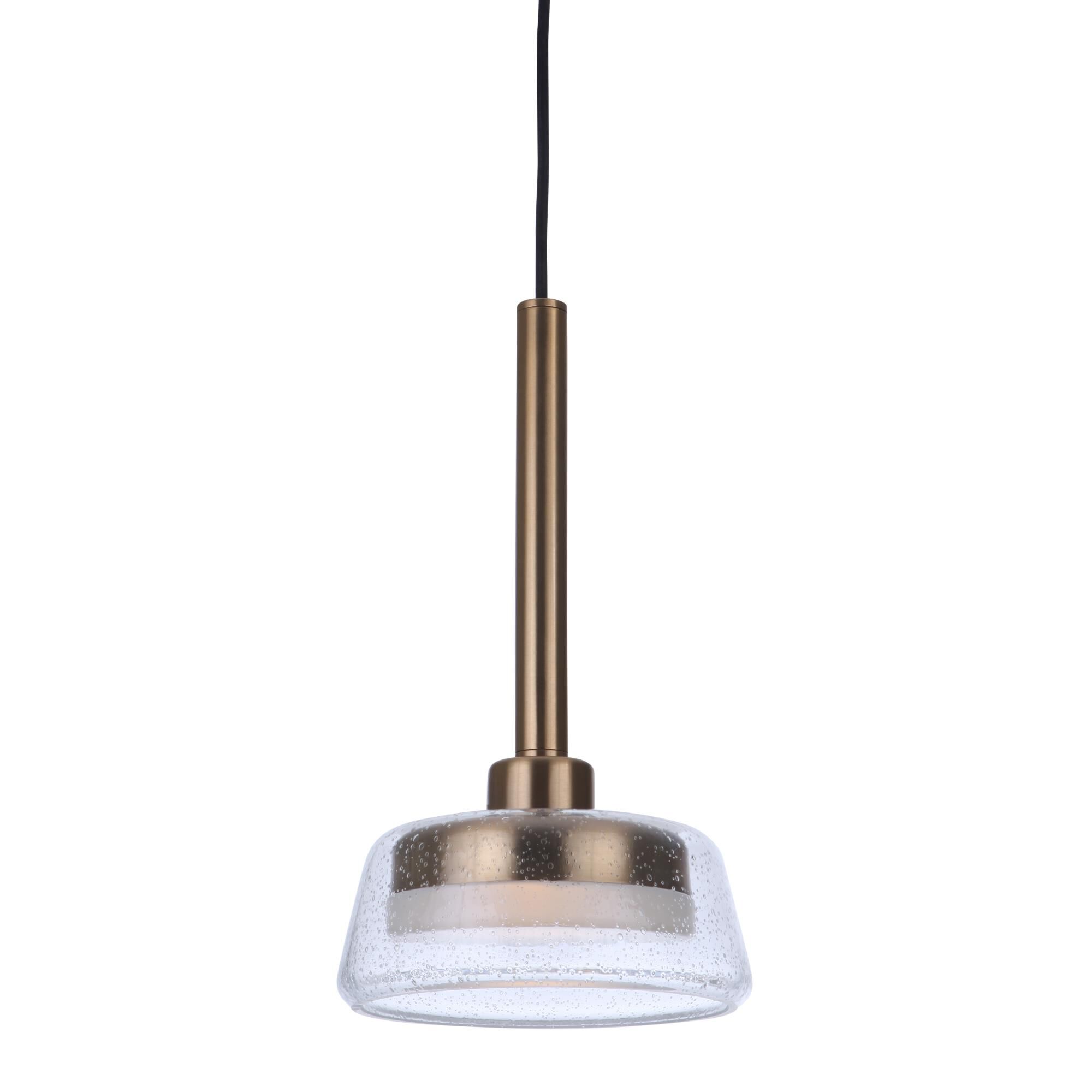 Shown in Satin Brass finish and Clear Seeded glass and Glass shade