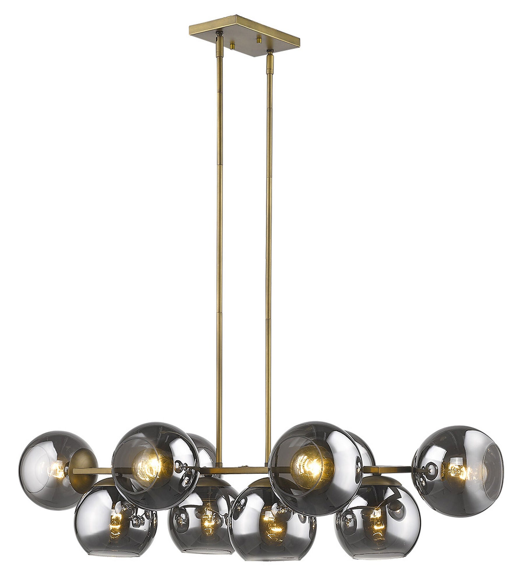 Shown in Aged Brass finish and Smoke glass and Smoke Glass Globes shade