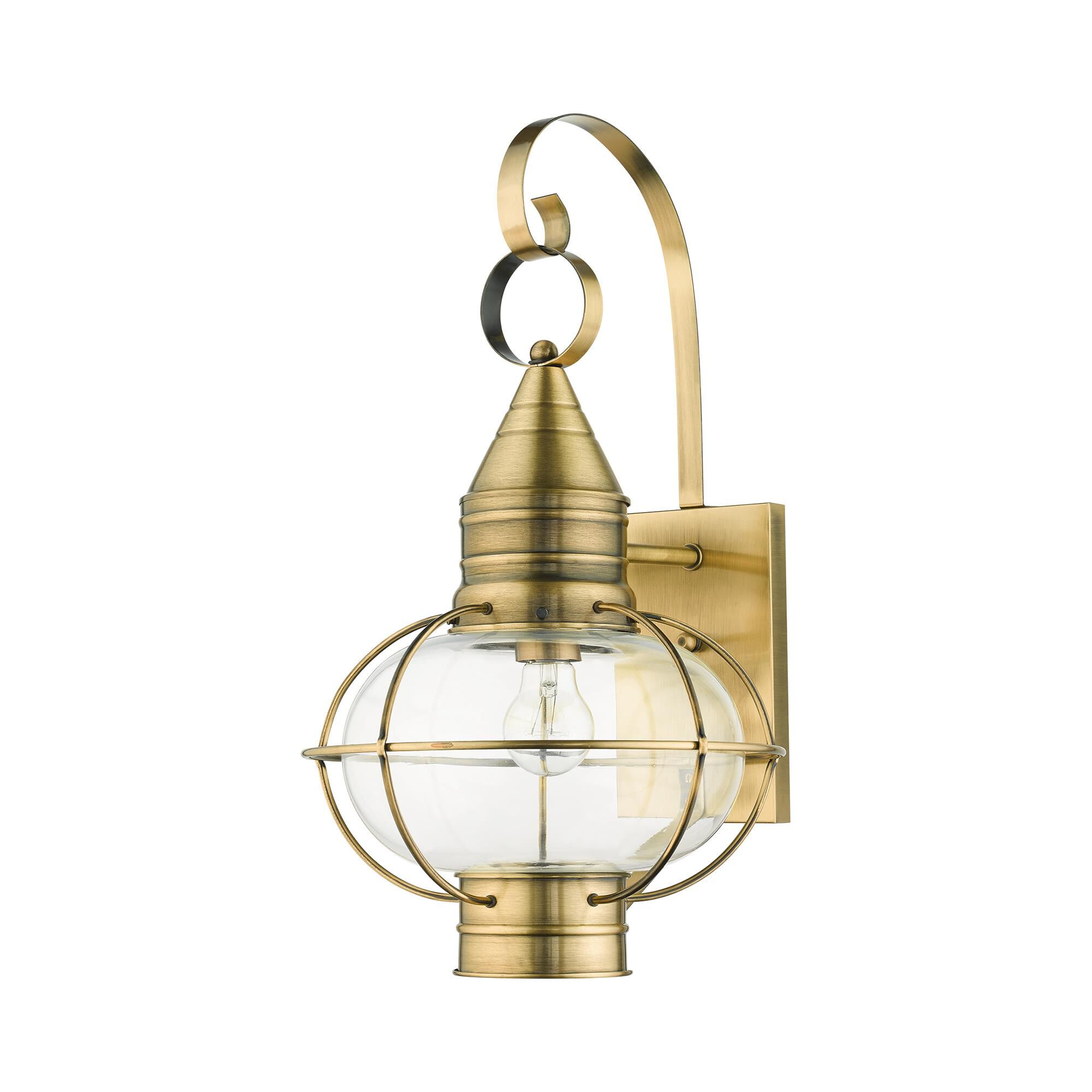 Shown in Antique Brass finish and Hand Blown Clear glass