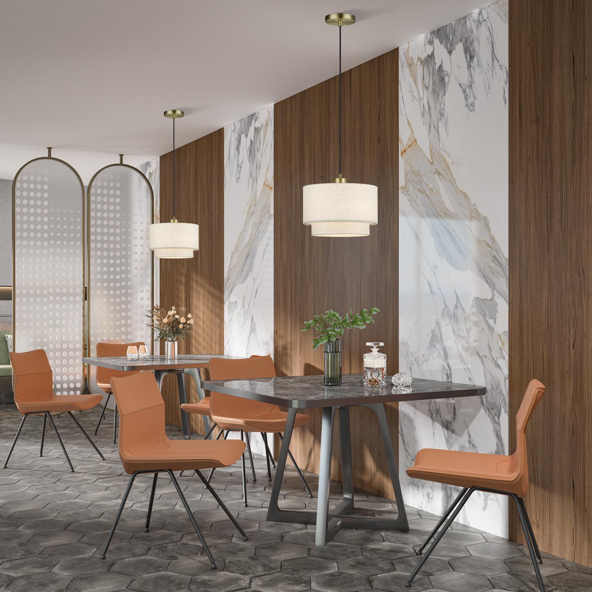 Shown in Antique Brass finish and Hand Crafted Oatmeal Color Fabric with White Color Inside shade