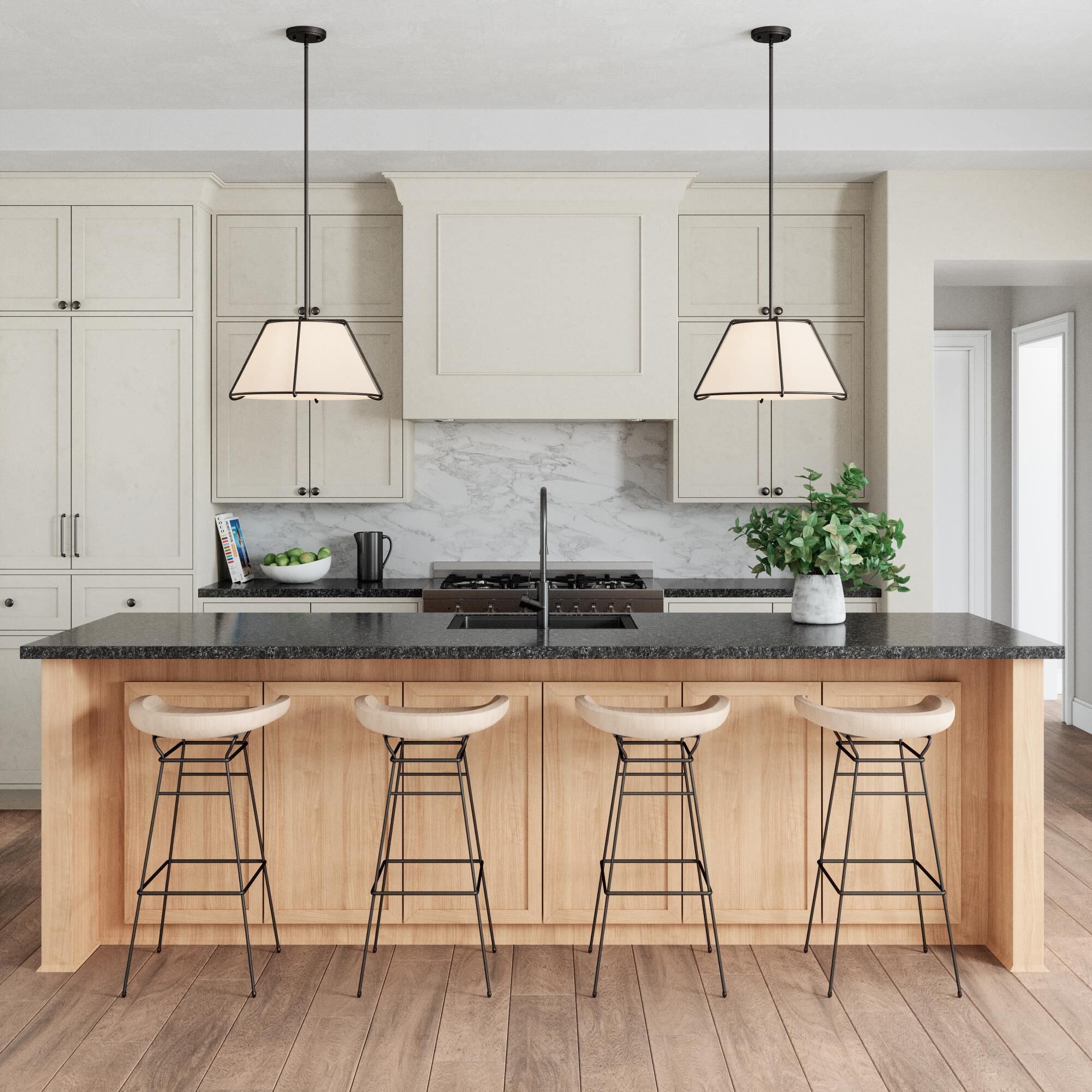 Shown in Black finish and White Linen Fabric shade