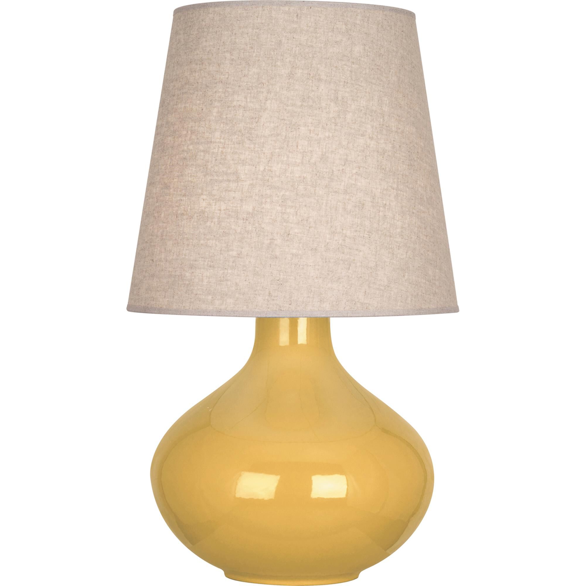 Shown in Sunset Yellow Glazed Ceramic finish and Buff Linen shade