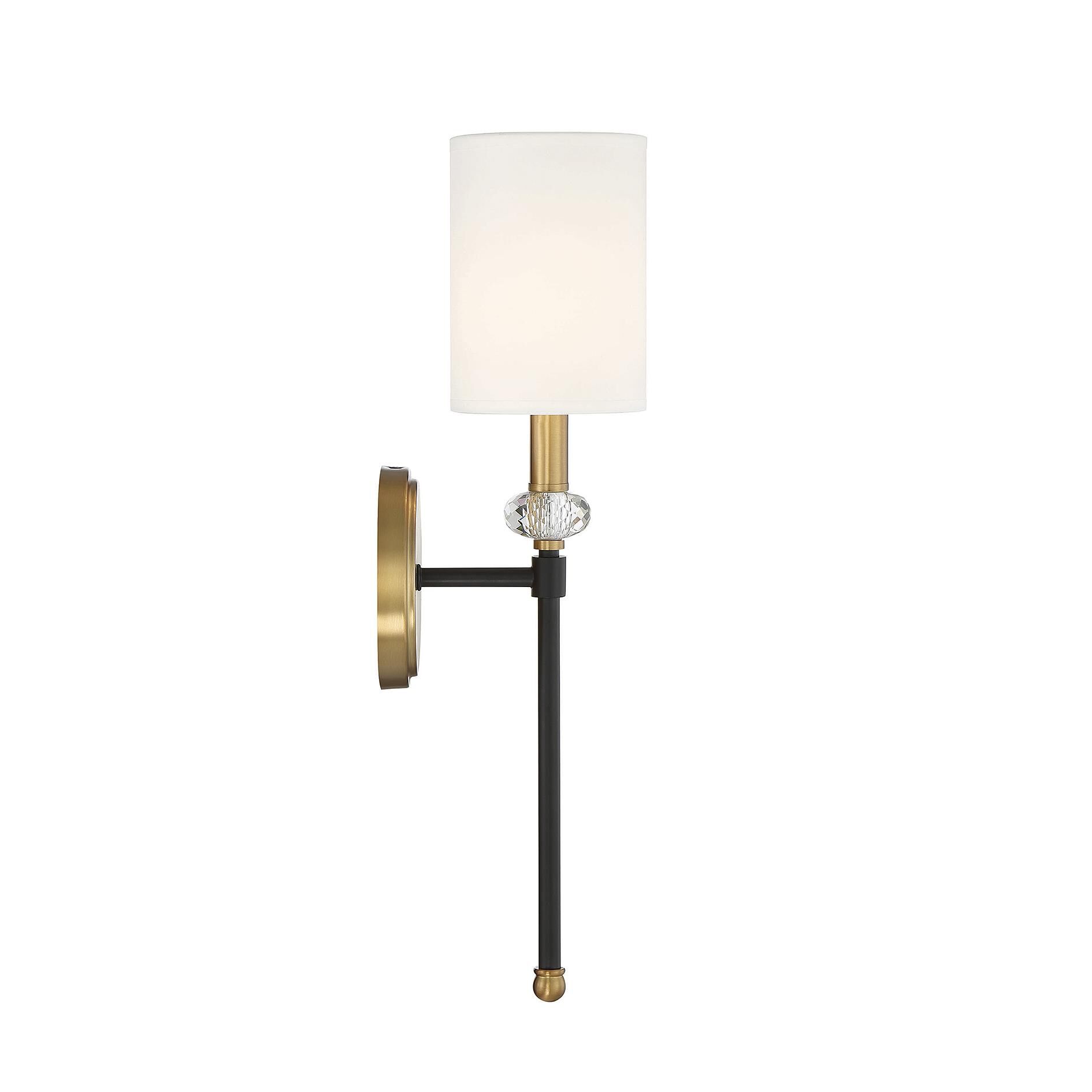 Shown in Matte Black With Warm Brass Accents finish and Clear Accents crystal and White Fabric shade