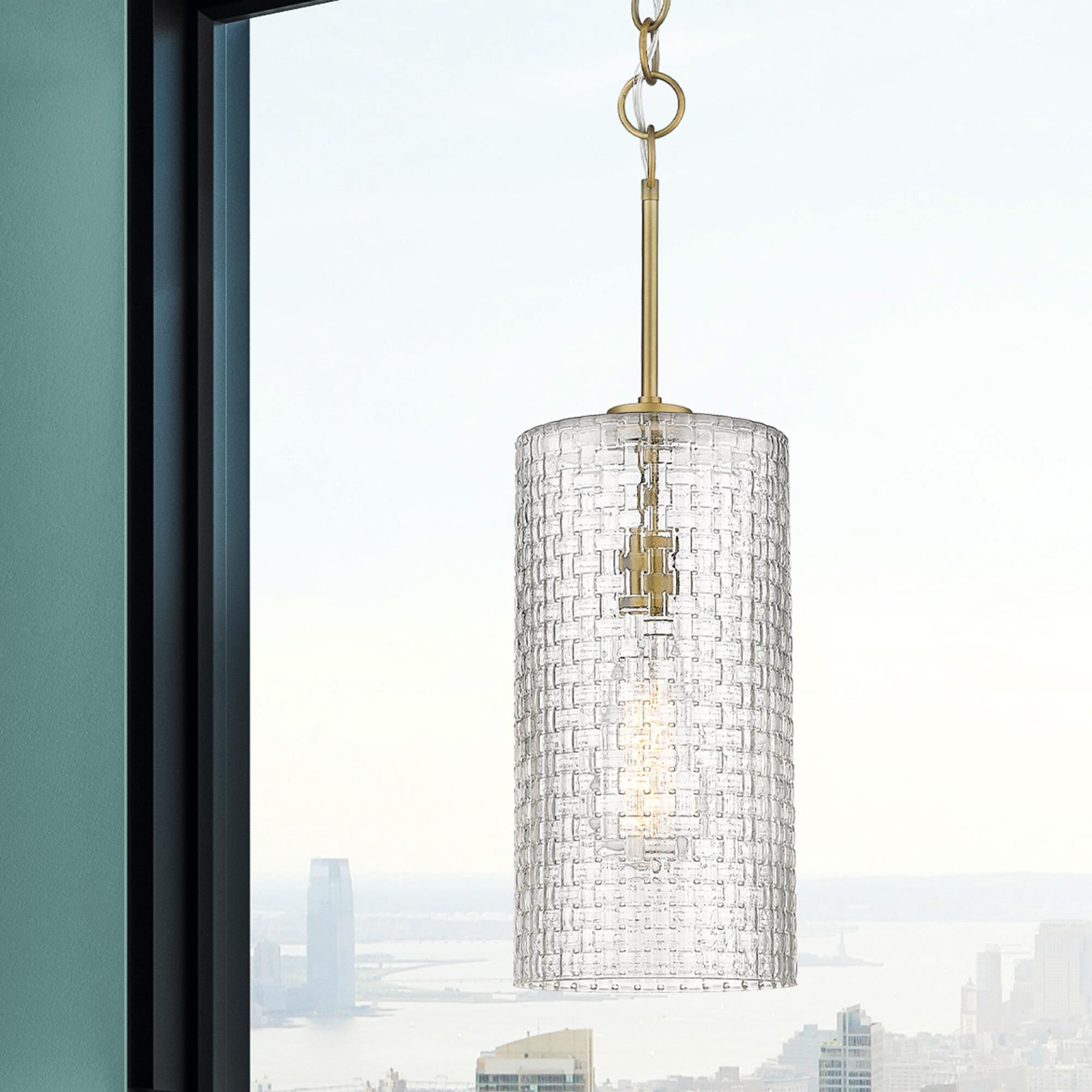 Shown in Brushed Brass  finish and Clear Basket Weave glass