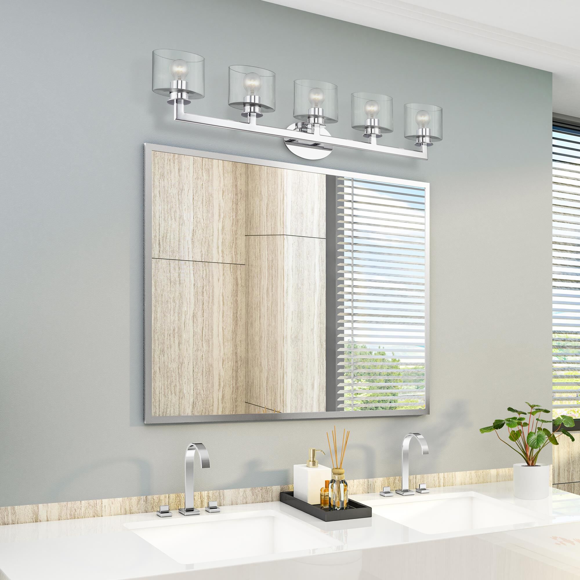 Shown in Polished Chrome finish and Mouth Blown Clear glass