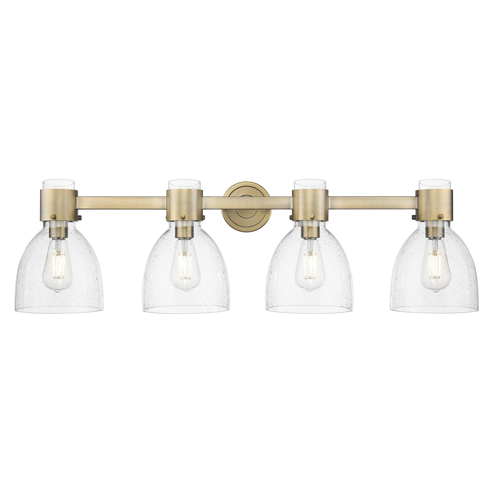 Shown in Brushed Brass finish and Seedy glass